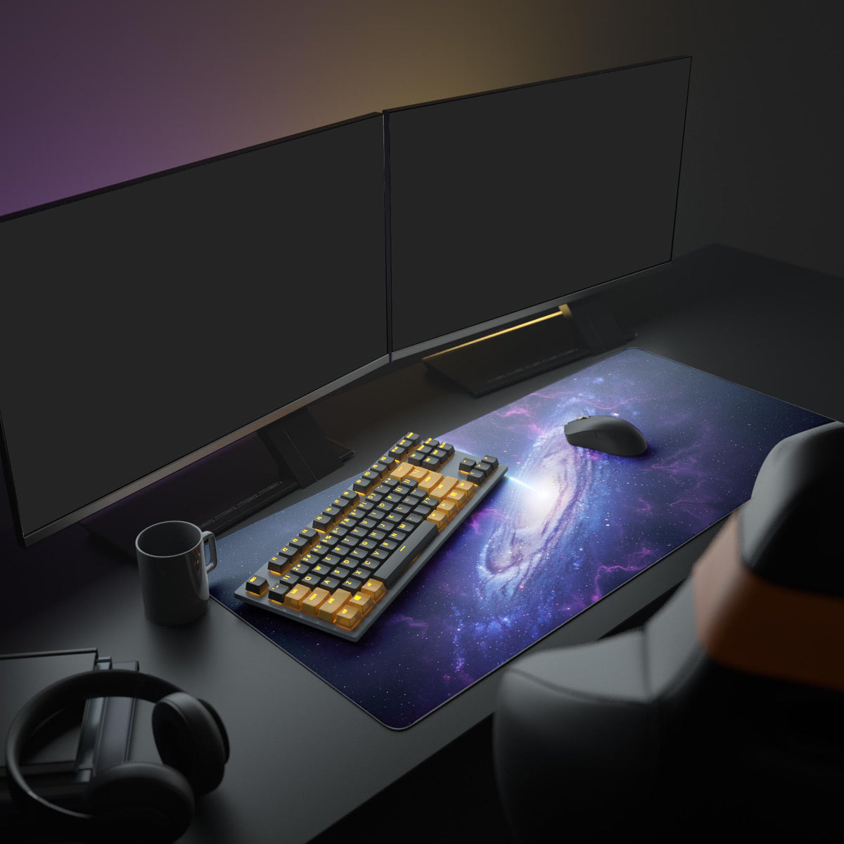Large Cosmic Eruption galaxy gaming desk mat shown in a full gaming setup with dual monitors, mechanical keyboard, and headphones. - Epic Design Pads
