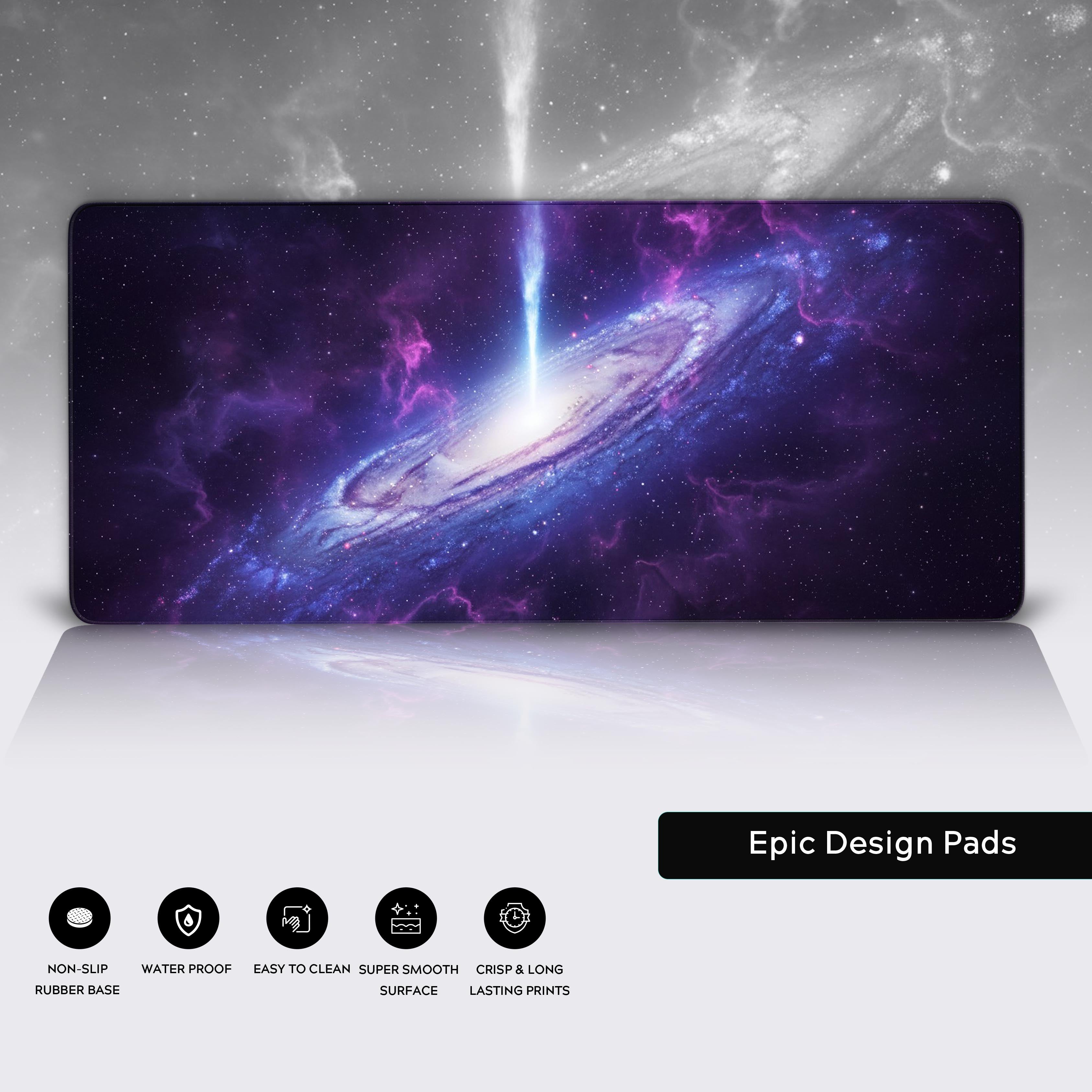 Close-up of the Cosmic Eruption gaming desk mat highlighting the durable stitched edges, smooth surface, and non-slip rubber base. - Epic Design Pads
