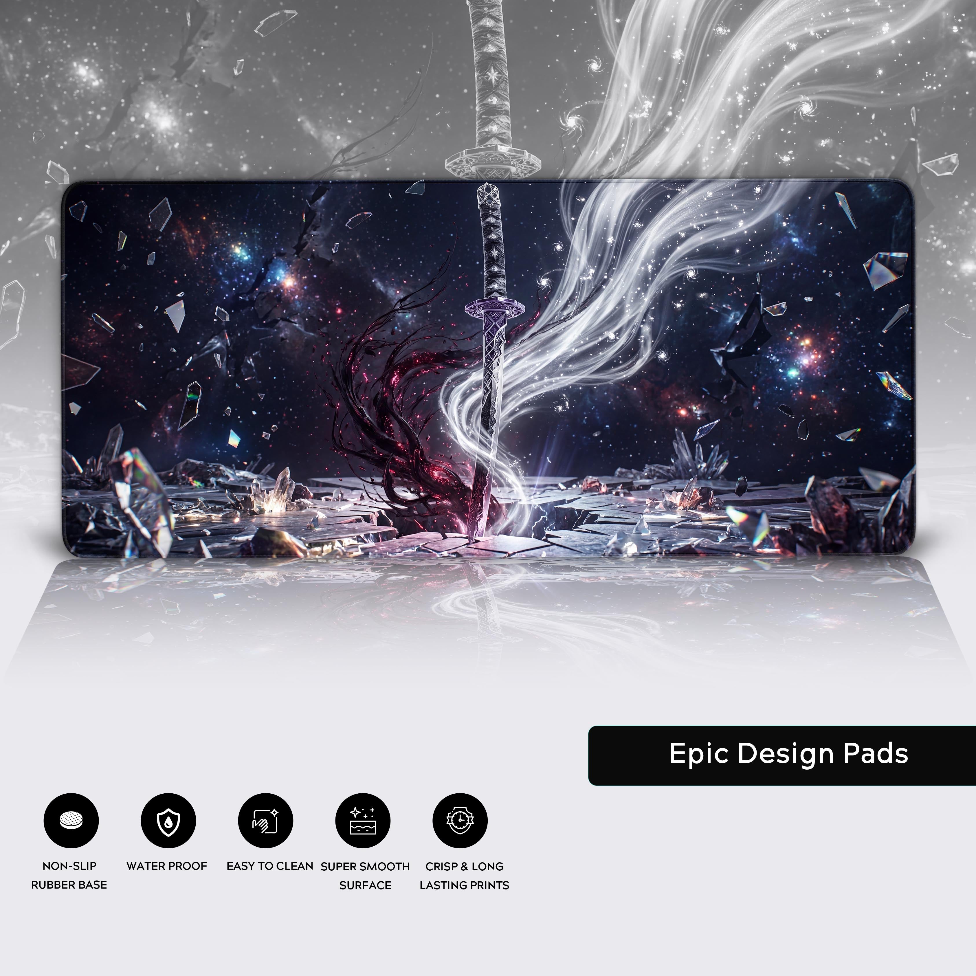 Cosmic Katana gaming mouse pad showcasing anti-slip base and waterproof surface icons