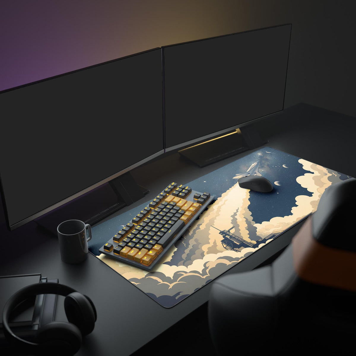 A complete computer setup featuring the Cosmic Launch XL mouse pad, with a space shuttle ascending through clouds and stars, under a large monitor. - Epic Design Pads & Mousepads