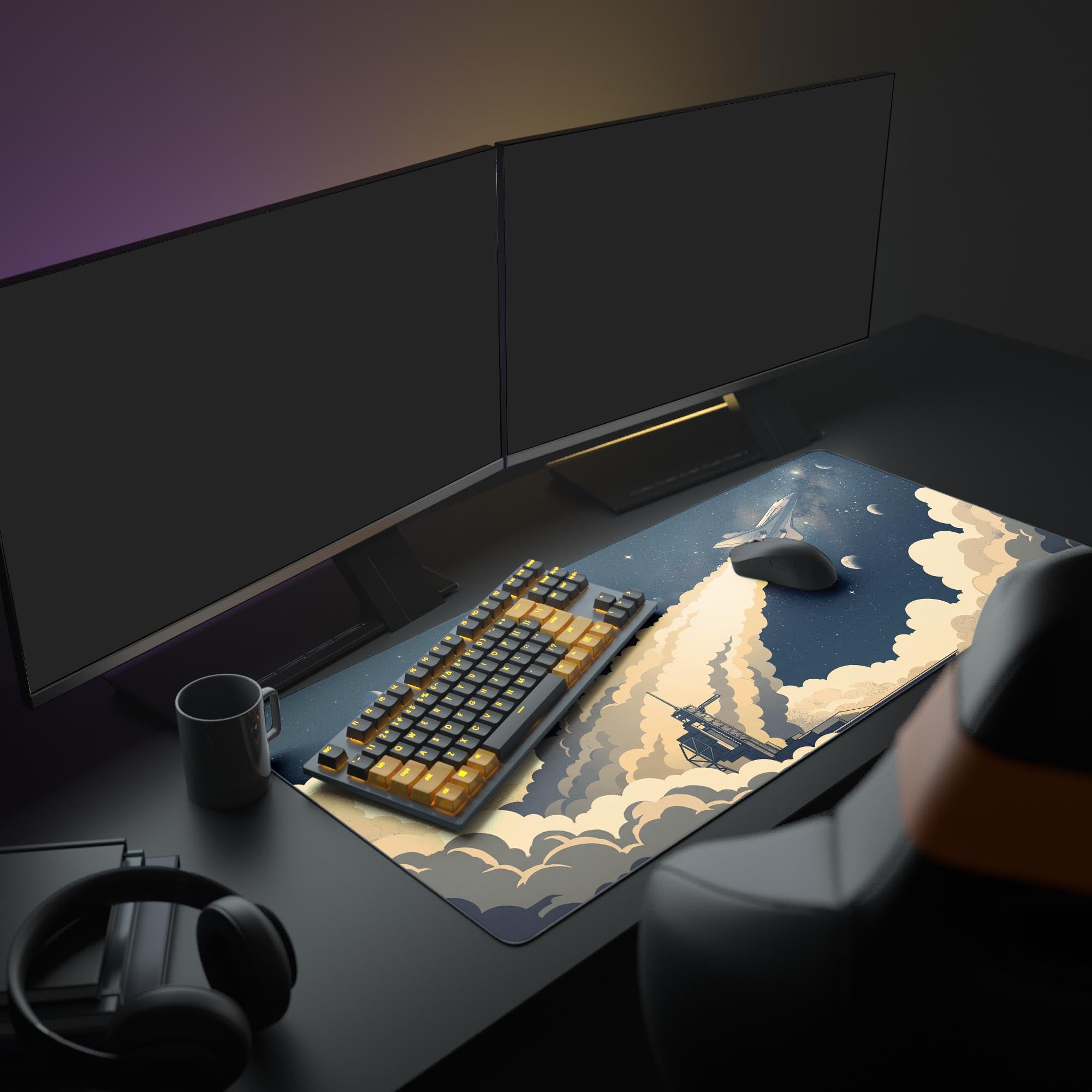 A complete computer setup featuring the Cosmic Launch XL mouse pad, with a space shuttle ascending through clouds and stars, under a large monitor. - Epic Design Pads & Mousepads