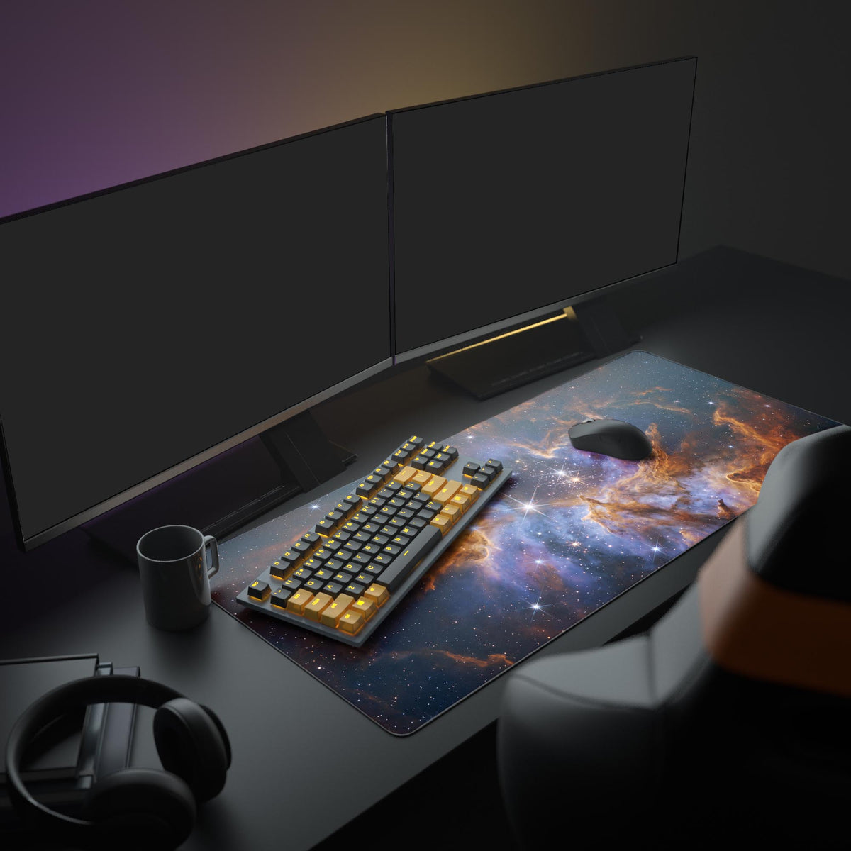 Detailed view of vibrant star clusters and deep space nebula art on a large mouse pad