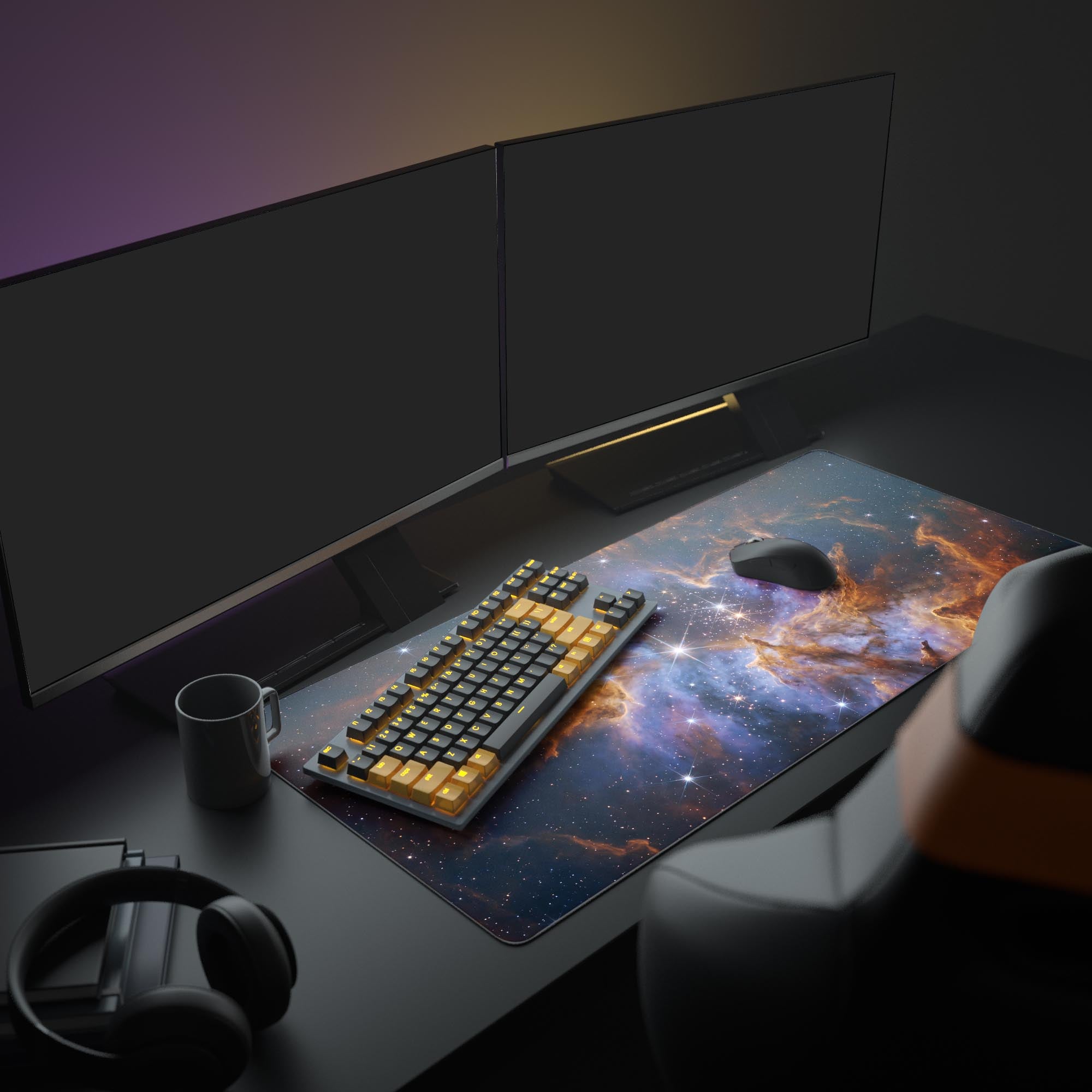 Detailed view of vibrant star clusters and deep space nebula art on a large mouse pad
