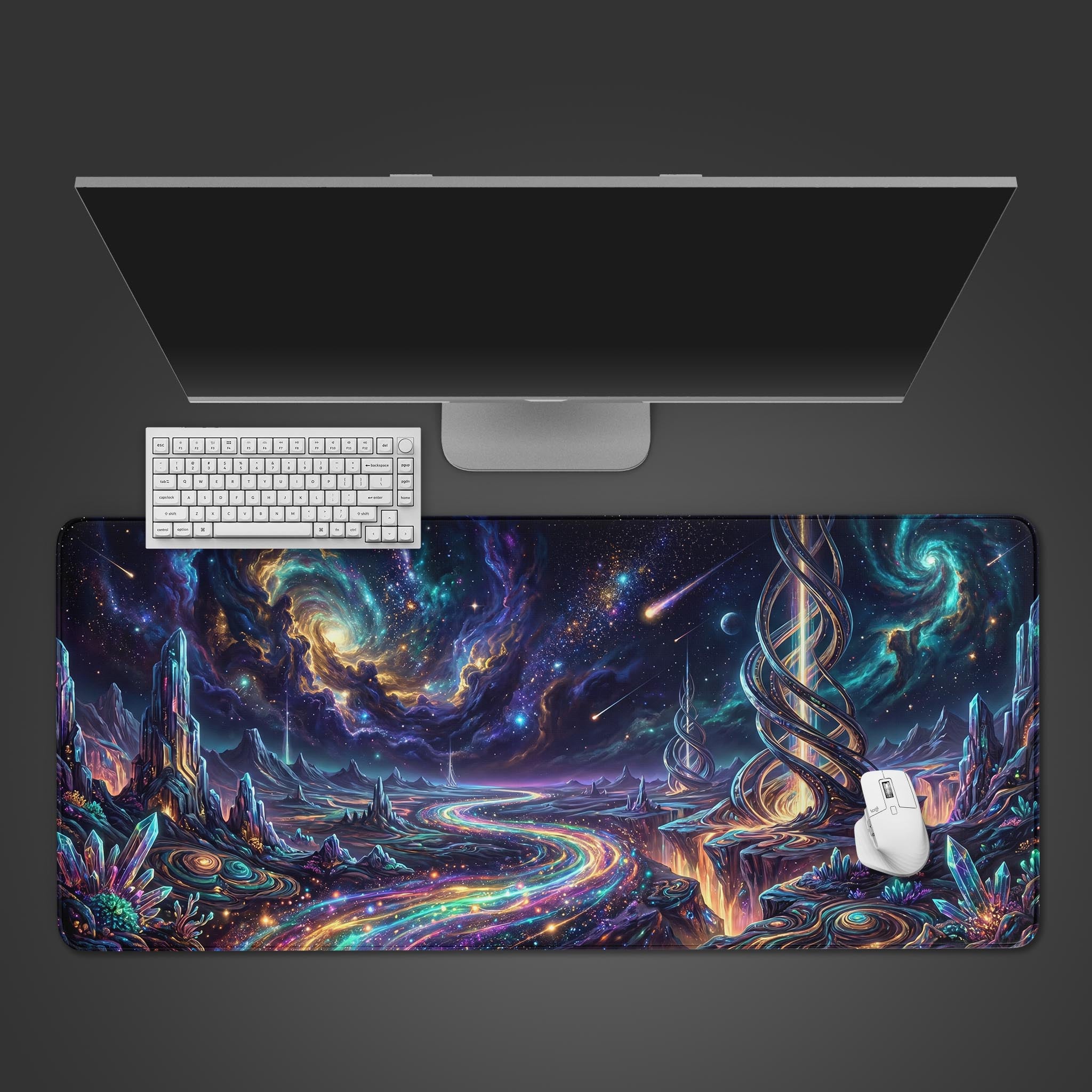 A vibrant cosmic fantasy desk mat featuring a glowing river of light, crystal spires, and swirling galaxies in deep purple and cyan.