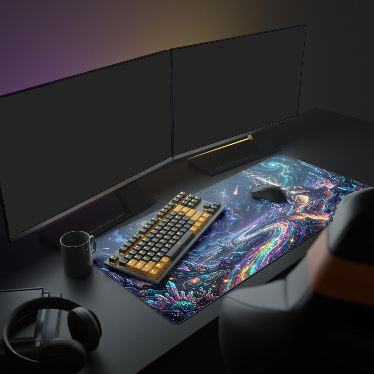 Galaxy desk mat on a dark desk in a room with two monitors, black and gold keyboard, mouse, mug and headphones