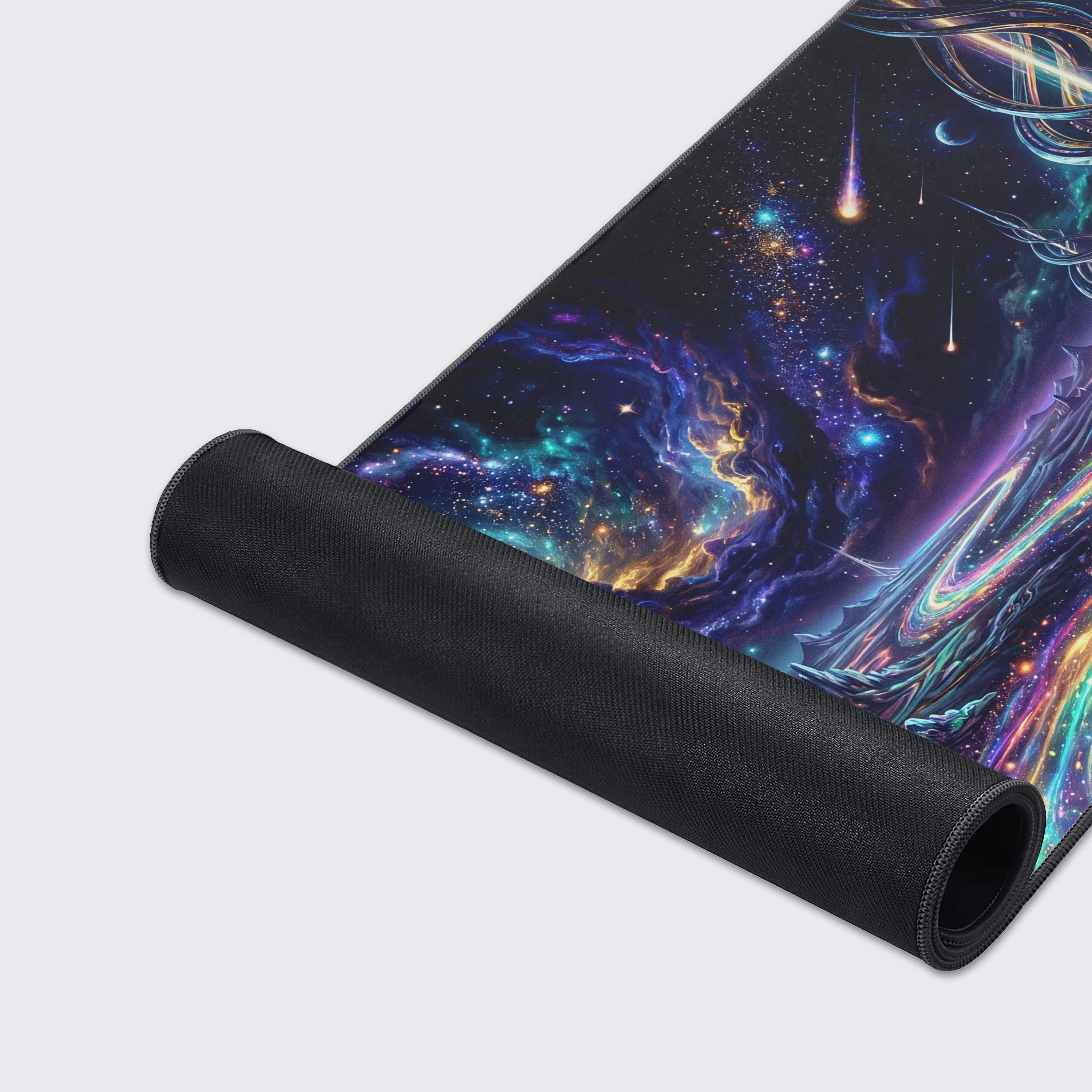 Flat view of an extra large gaming desk mat highlighting its anti-slip rubber base and edge-to-edge vibrant space landscape print.