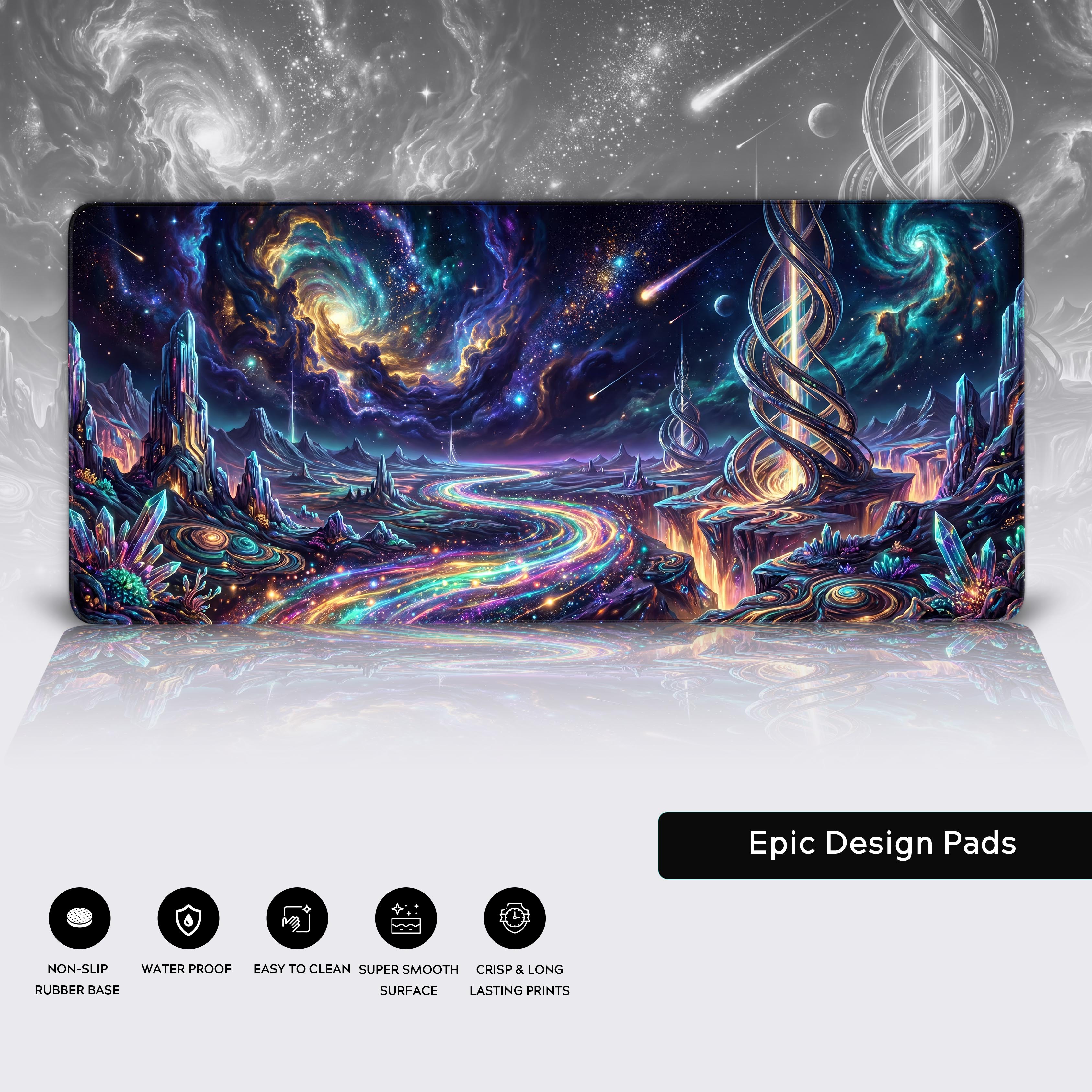 Epic Design Pads desk mat with icons indicating it is non-slip, waterproof, easy to clean, and features crisp long-lasting prints.