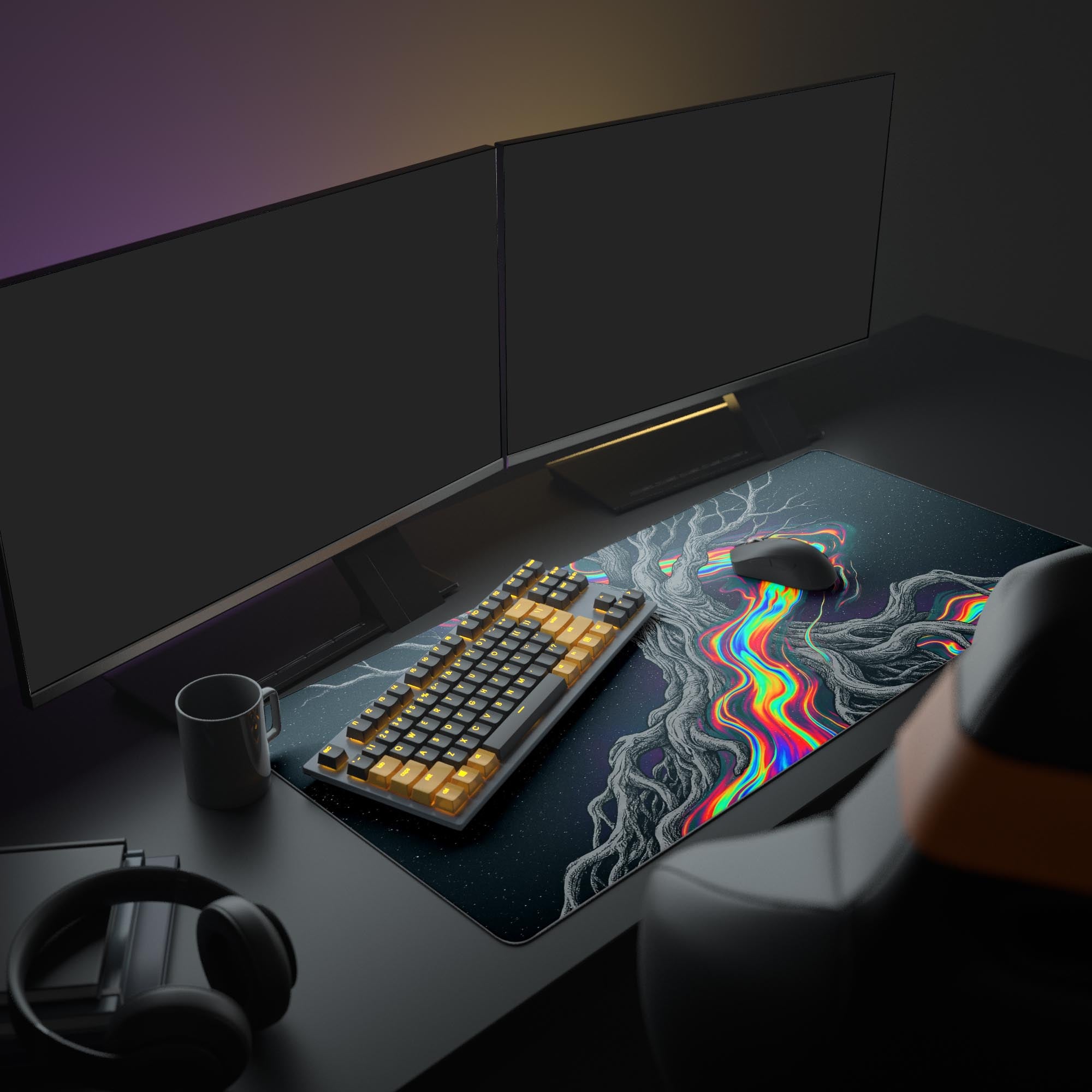 A full PC setup showcasing the Cosmic Roots Gaming Desk Mat, with a lit keyboard, mouse, and large monitor, creating a vibrant, cosmic-themed workspace. - Epic Design Pads & Mousepads