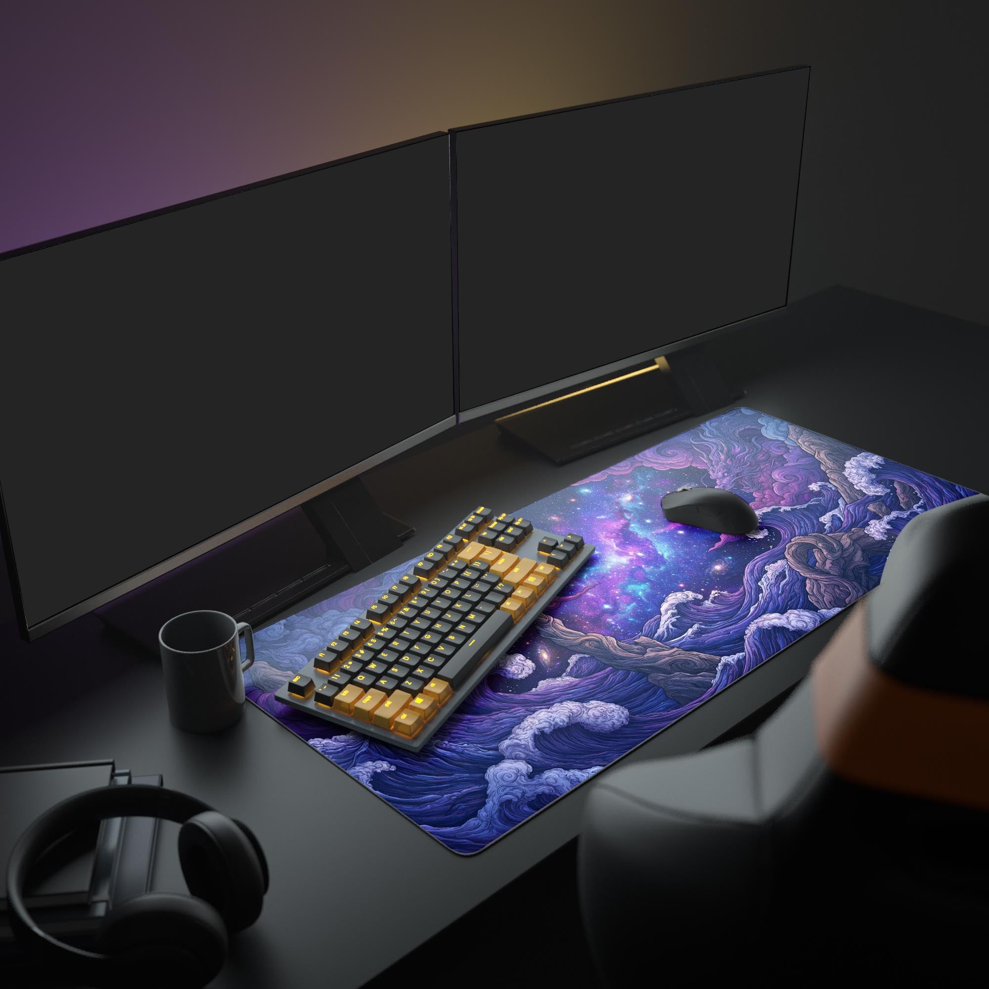 A full gaming PC setup showcasing the Cosmic Tide XL mouse pad, with its vibrant dragon and space wave design anchoring the monitor, keyboard, and mouse. - Epic Design Pads & Mousepads