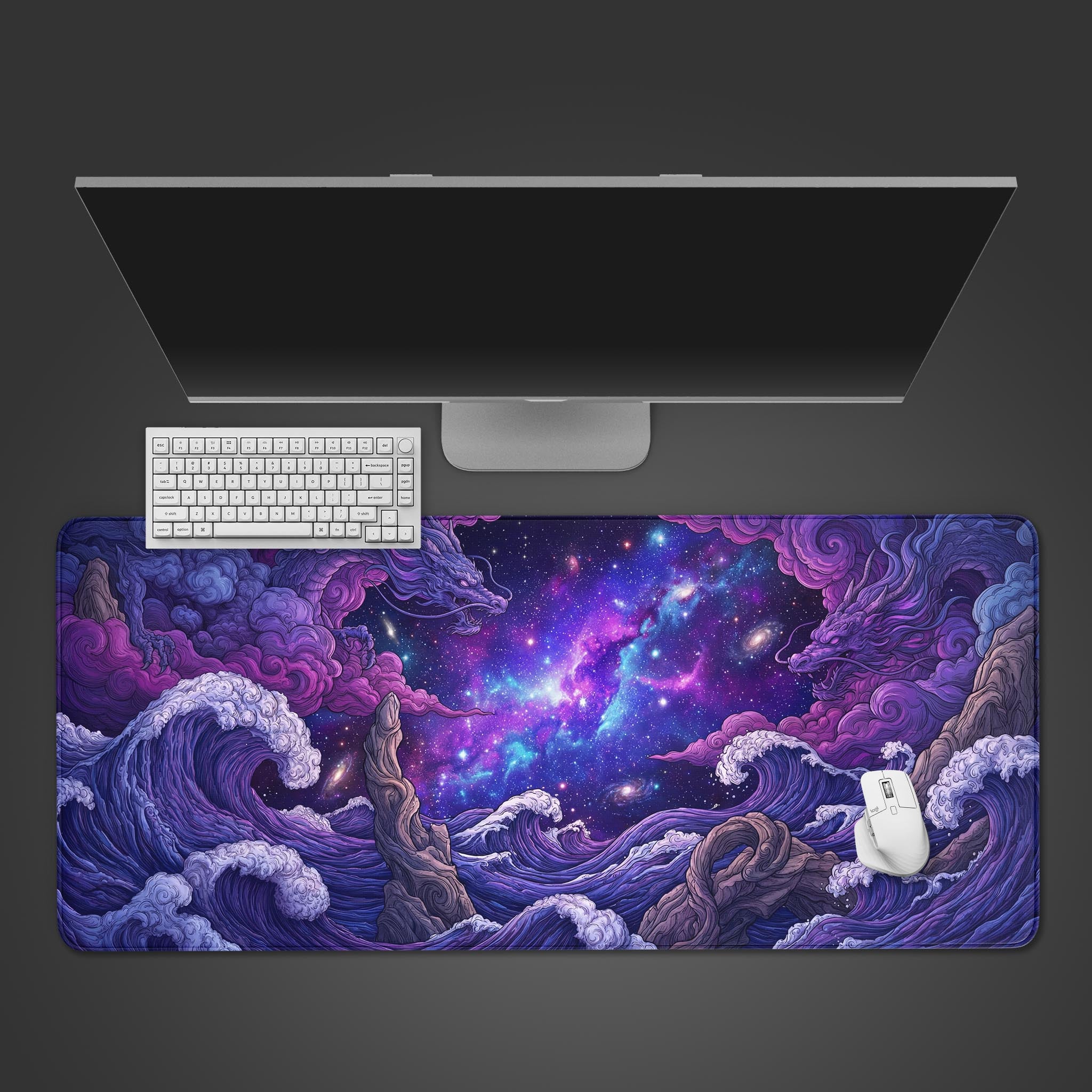 Top-down view of the Cosmic Tide gaming desk mat featuring purple dragons and ocean waves against a galaxy, shown with a white keyboard and mouse. - Epic Design Pads & Mousepads