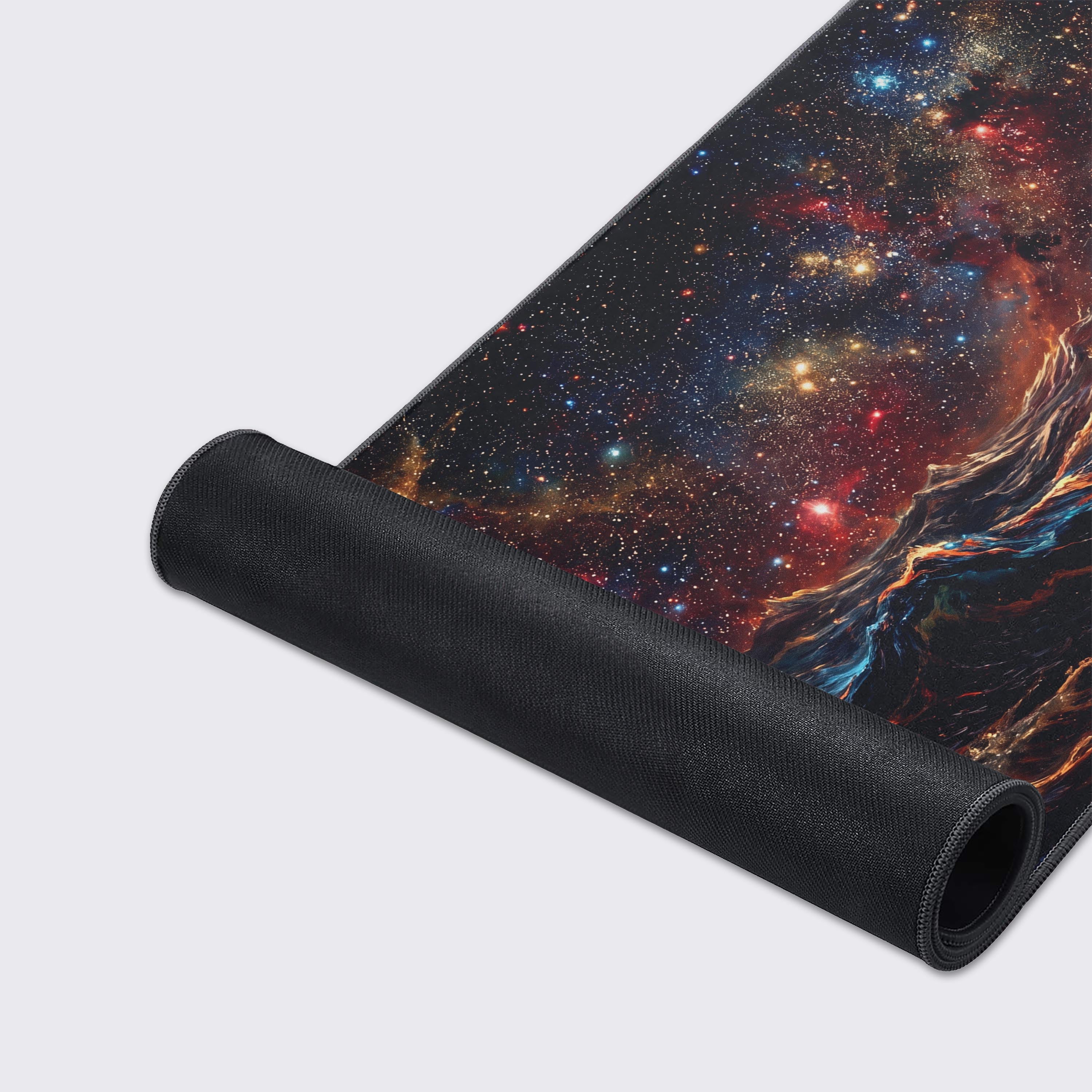 Extended gaming mouse pad with waterproof and non-slip features displaying a cosmic universe