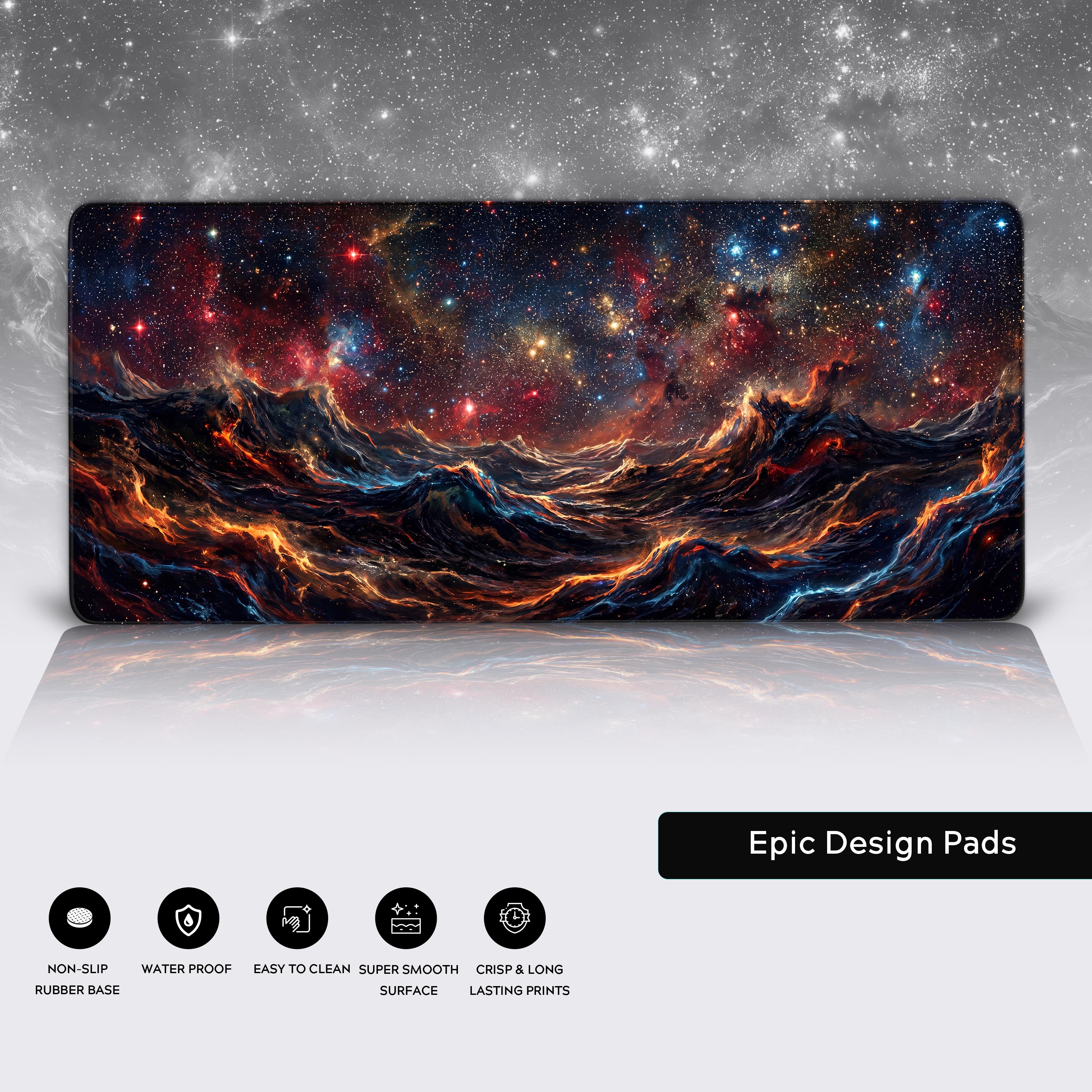 Epic space themed desk mat blending celestial fire and dark matter aesthetics