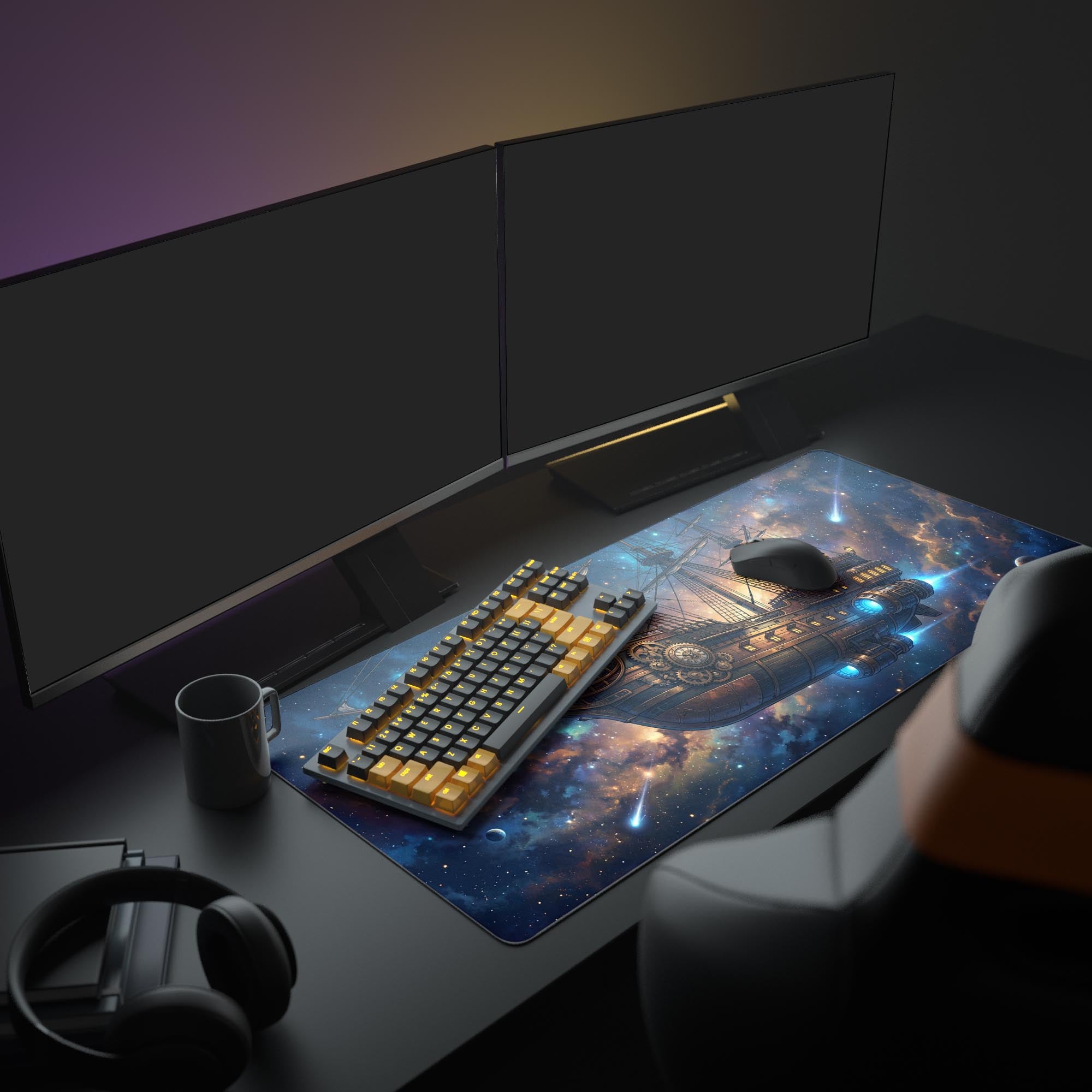A full gaming setup showcasing the Cosmic Voyage mouse pad under a large monitor, keyboard, and mouse, enhancing the desk's sci-fi aesthetic. - Epic Design Pads & Mousepads