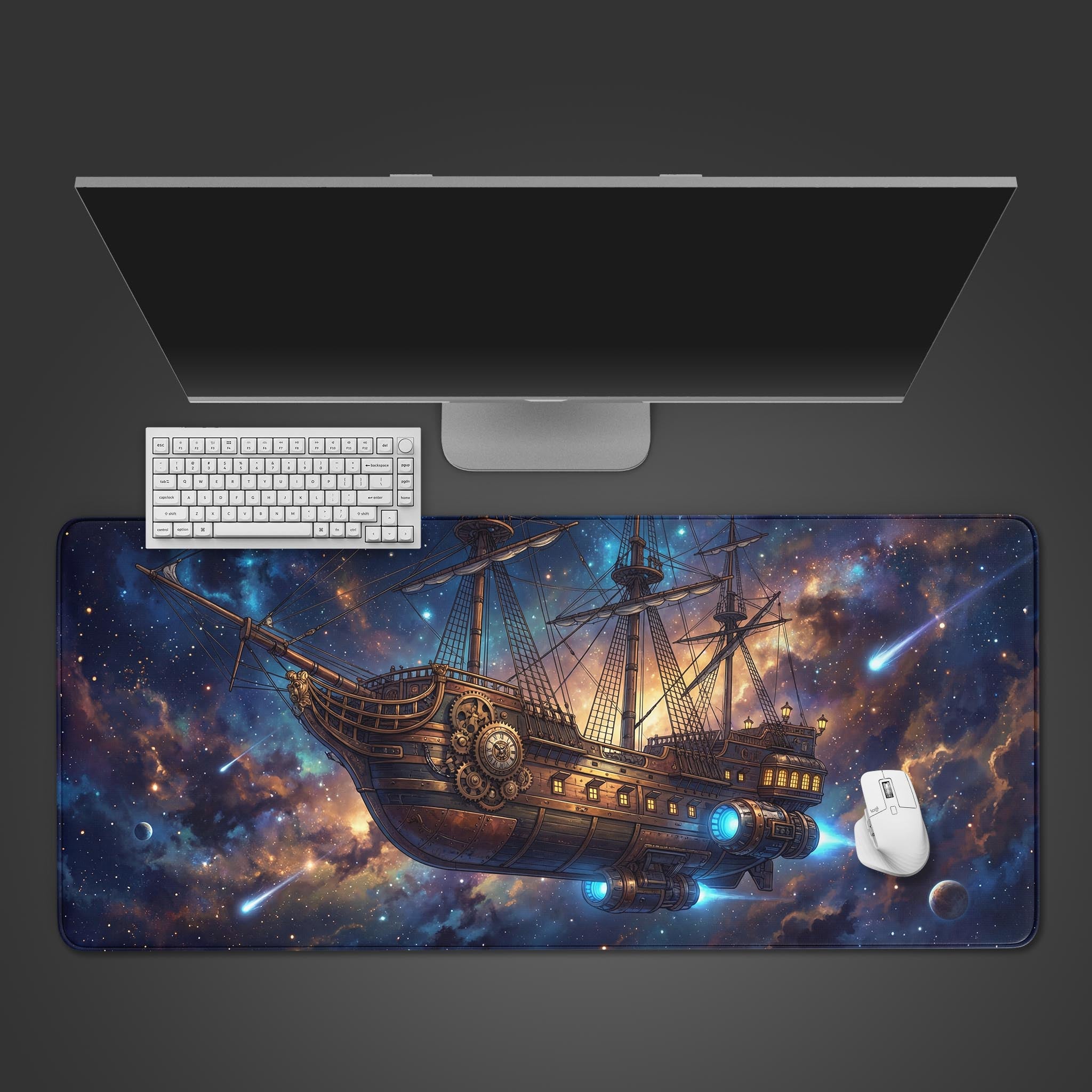 The Cosmic Voyage gaming desk mat displayed on a desk with a white keyboard and mouse, featuring a steampunk starship sailing through a vibrant nebula. - Epic Design Pads & Mousepads