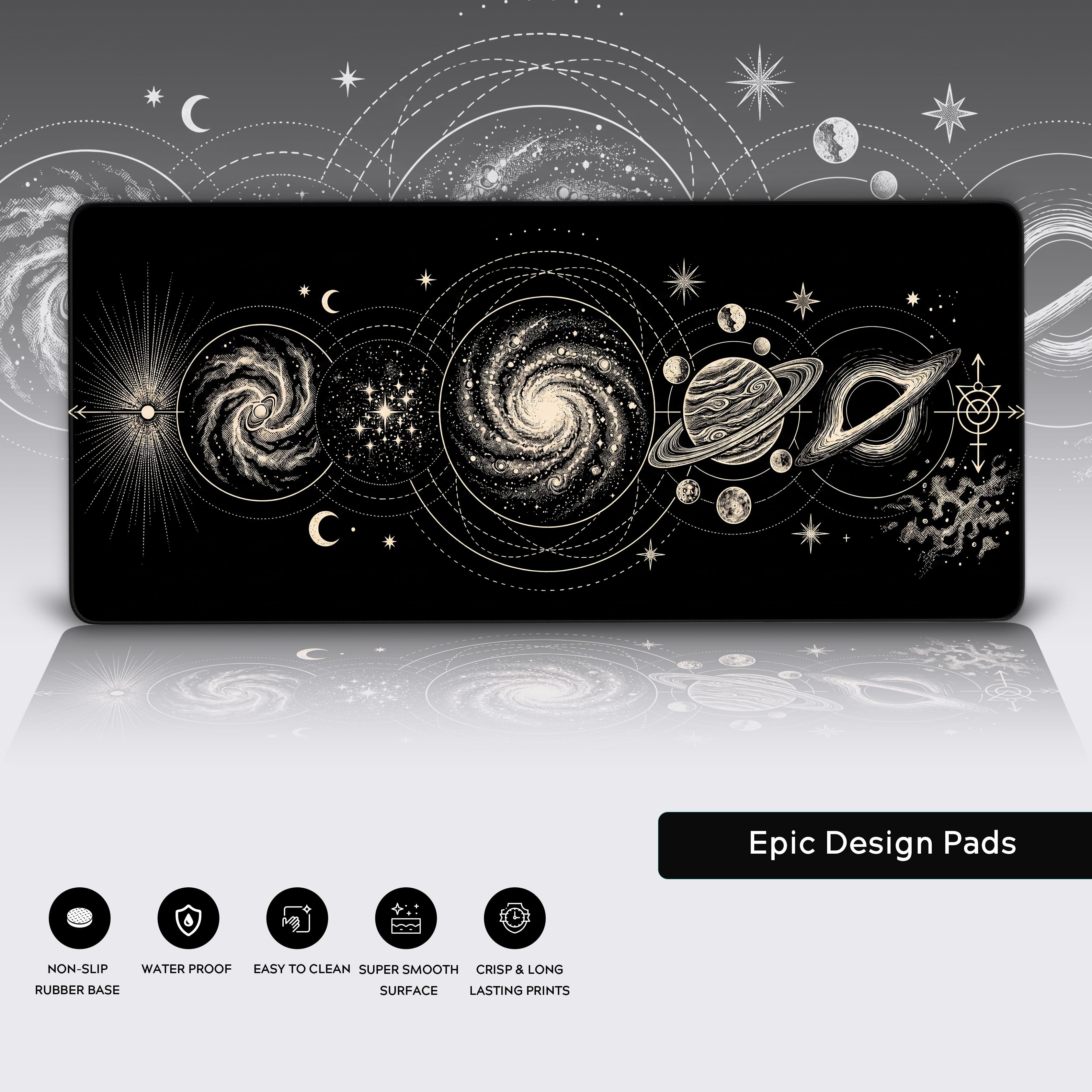 Dark aesthetic gaming setup accessory displaying an astrological and astronomical cosmos pattern.