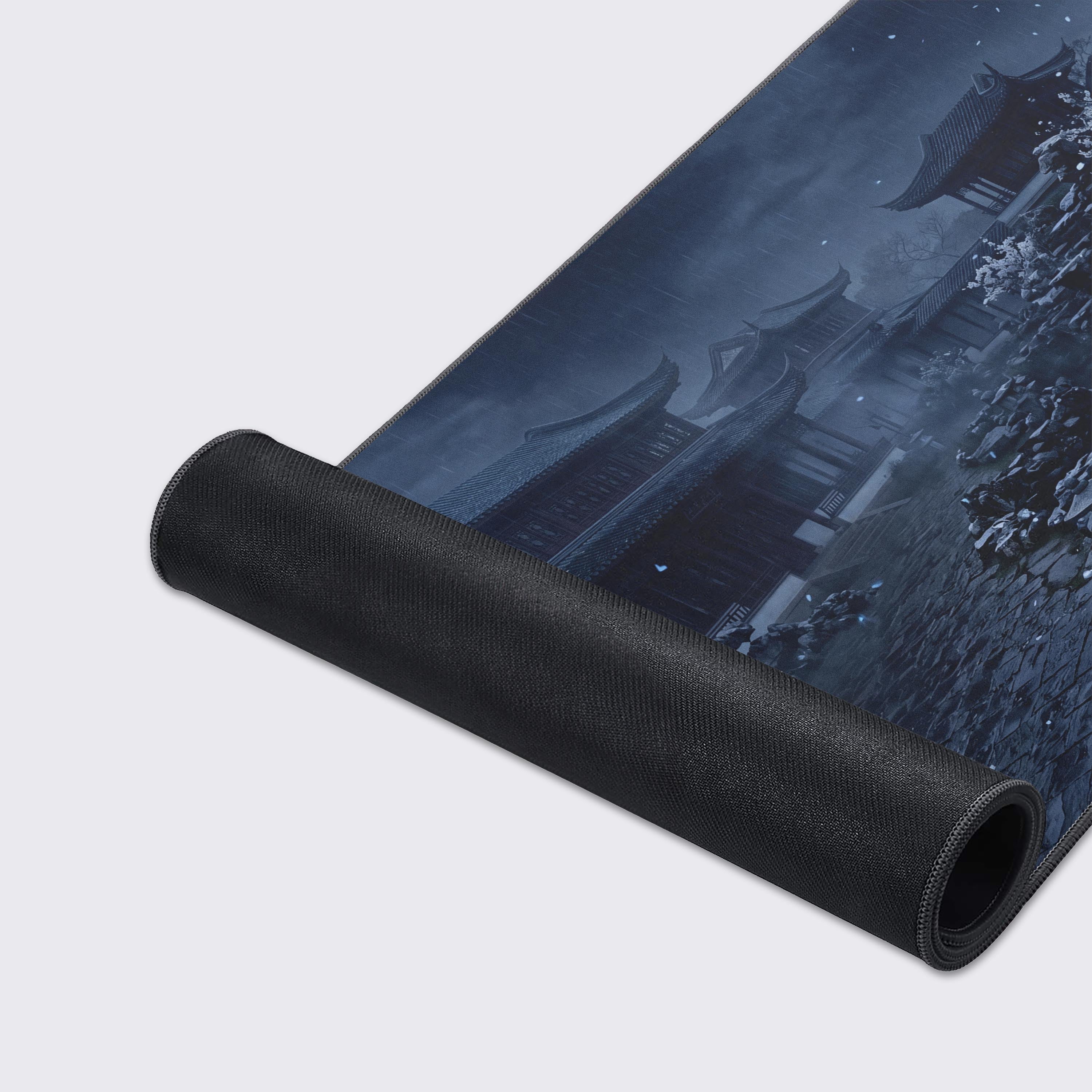 Anti-slip rubber base detail of the Rainlit Courtyard XL gaming mouse pad.