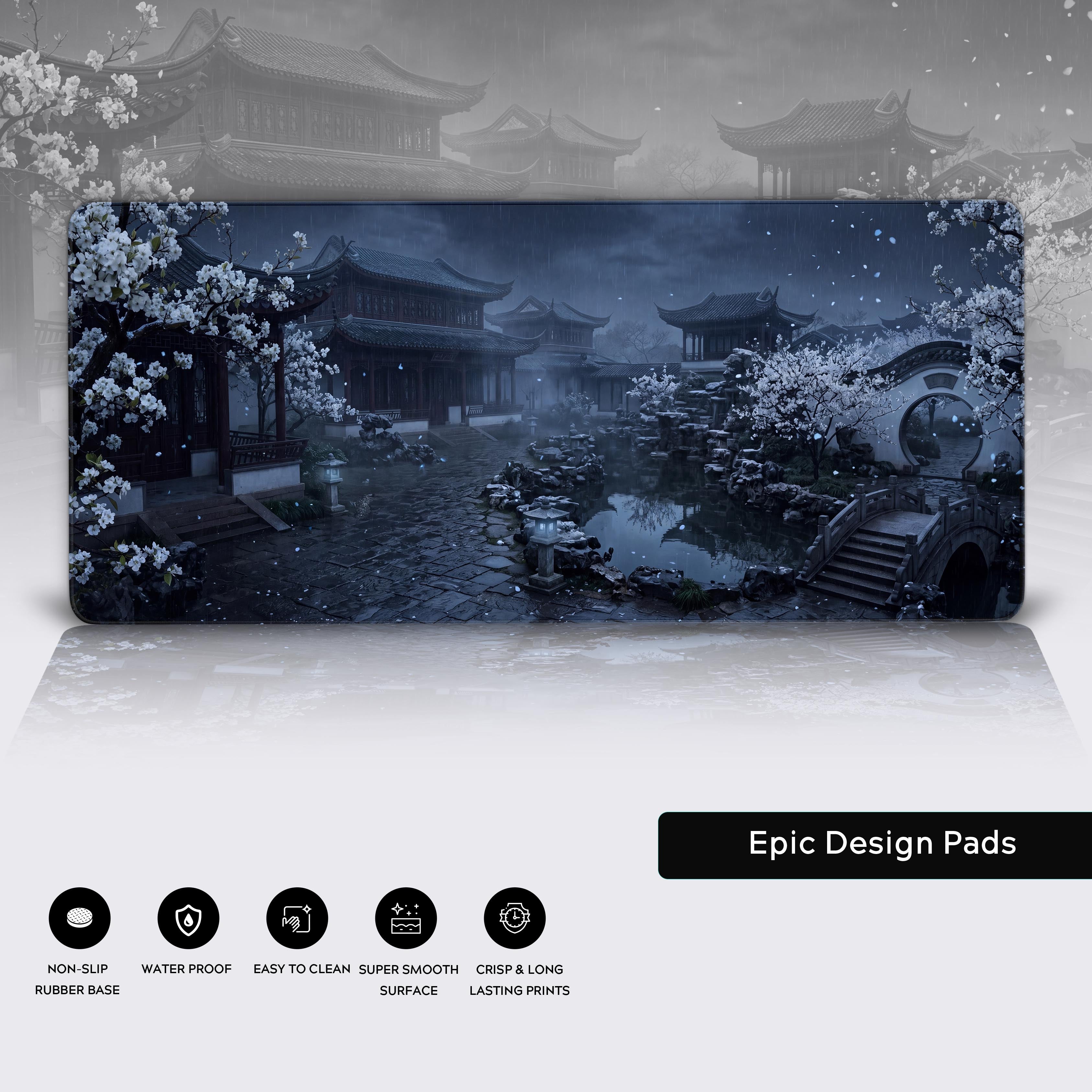 Full view of the atmospheric dark traditional architecture desk mat, perfect for a cinematic gaming setup.