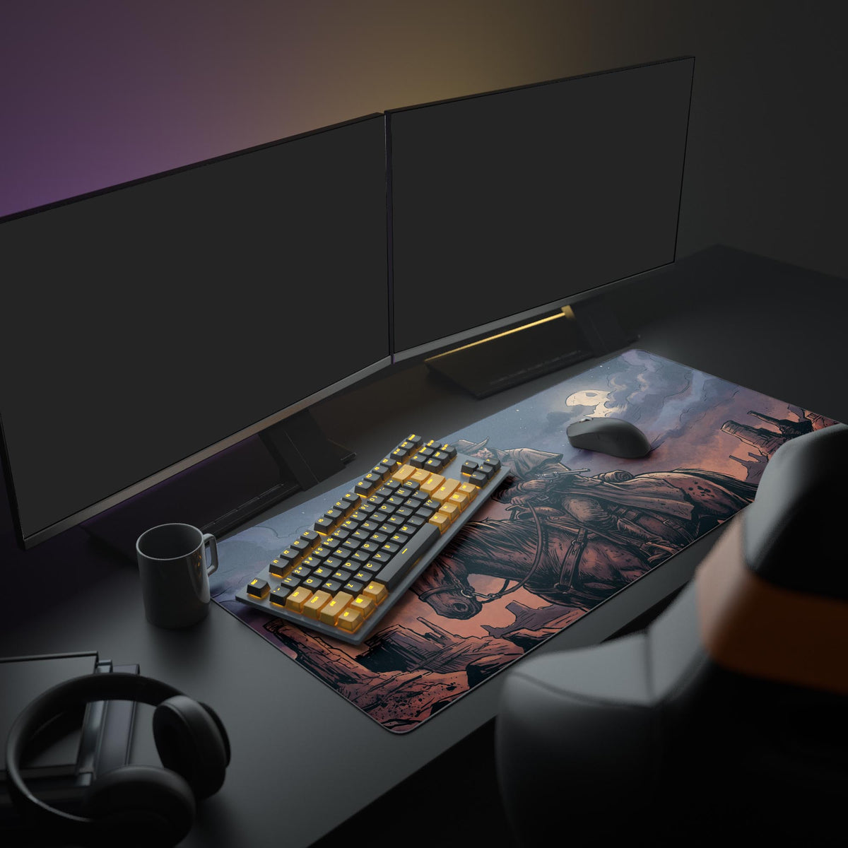 Close-up of the cowboy desk mat showing the rider holding a revolver with a moonlit sky in the background.
