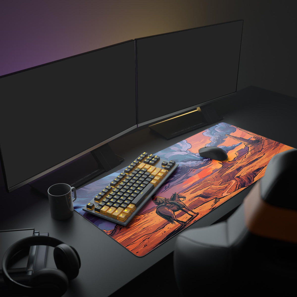 Close-up of the desk mat artwork showing a cowboy silhouetted against a bright orange setting sun with halftone dot shading in the sky.