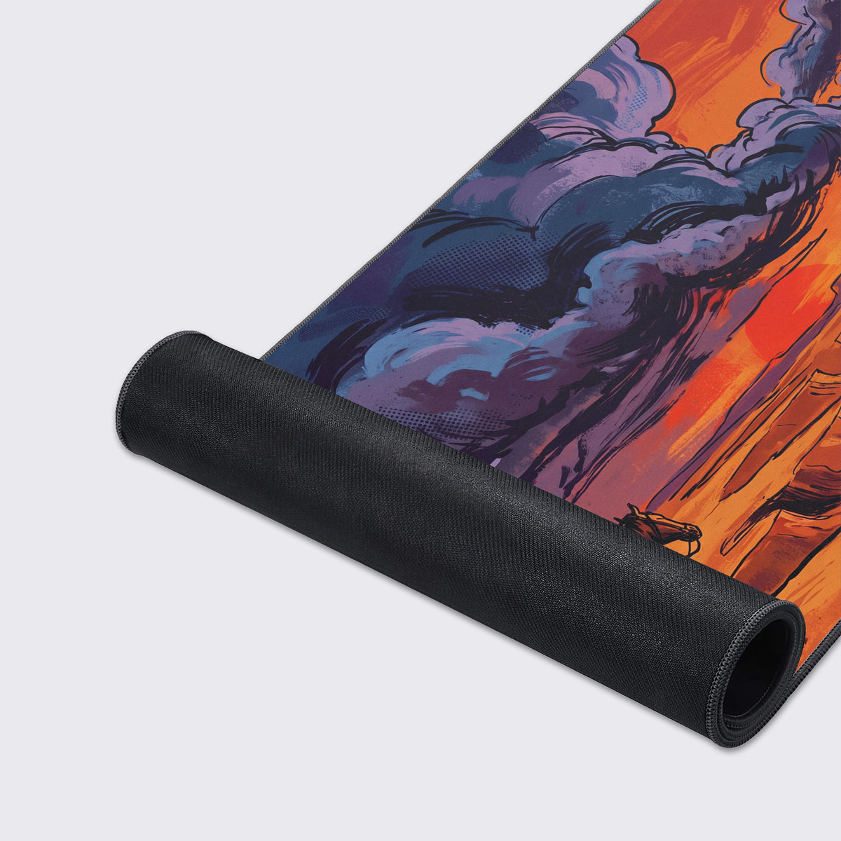 Detail view of the desert landscape on the mouse pad, illustrating rocky mesas and a winding river canyon rendered with bold graphic lines.