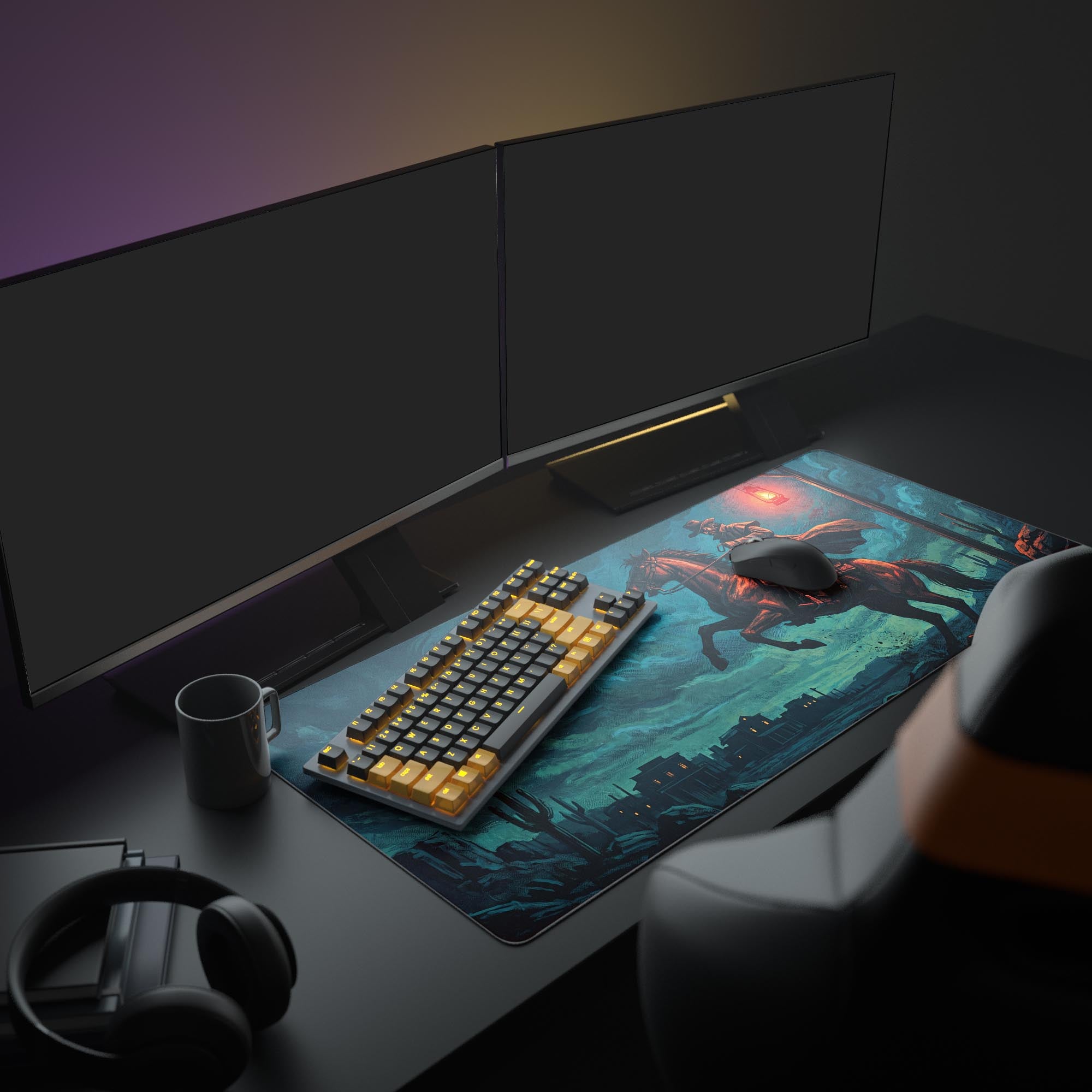 Close-up of the glowing red lantern and detailed cowboy illustration on the gaming mouse pad
