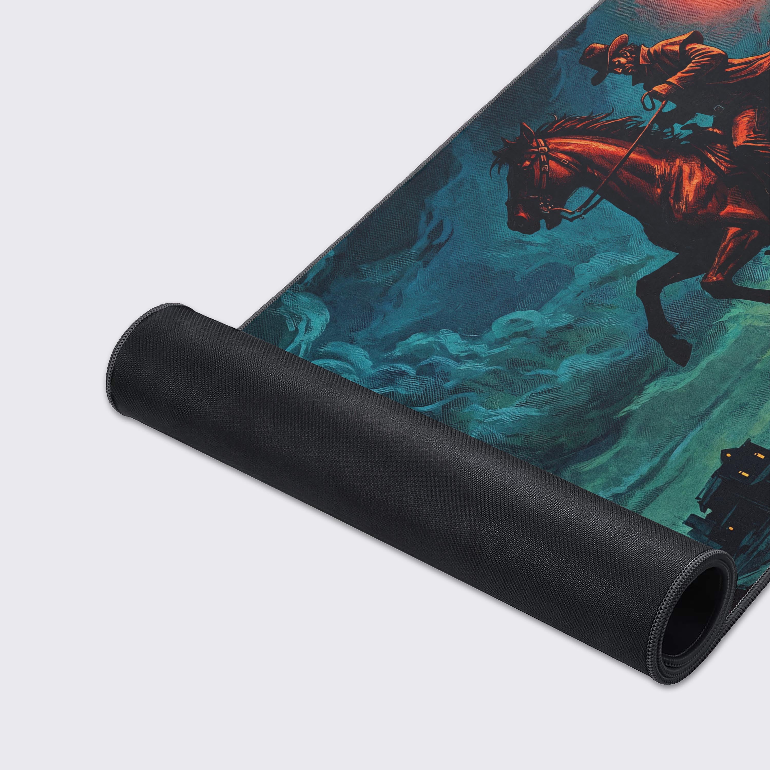 Dark teal and orange cinematic western landscape on a large waterproof desk mat