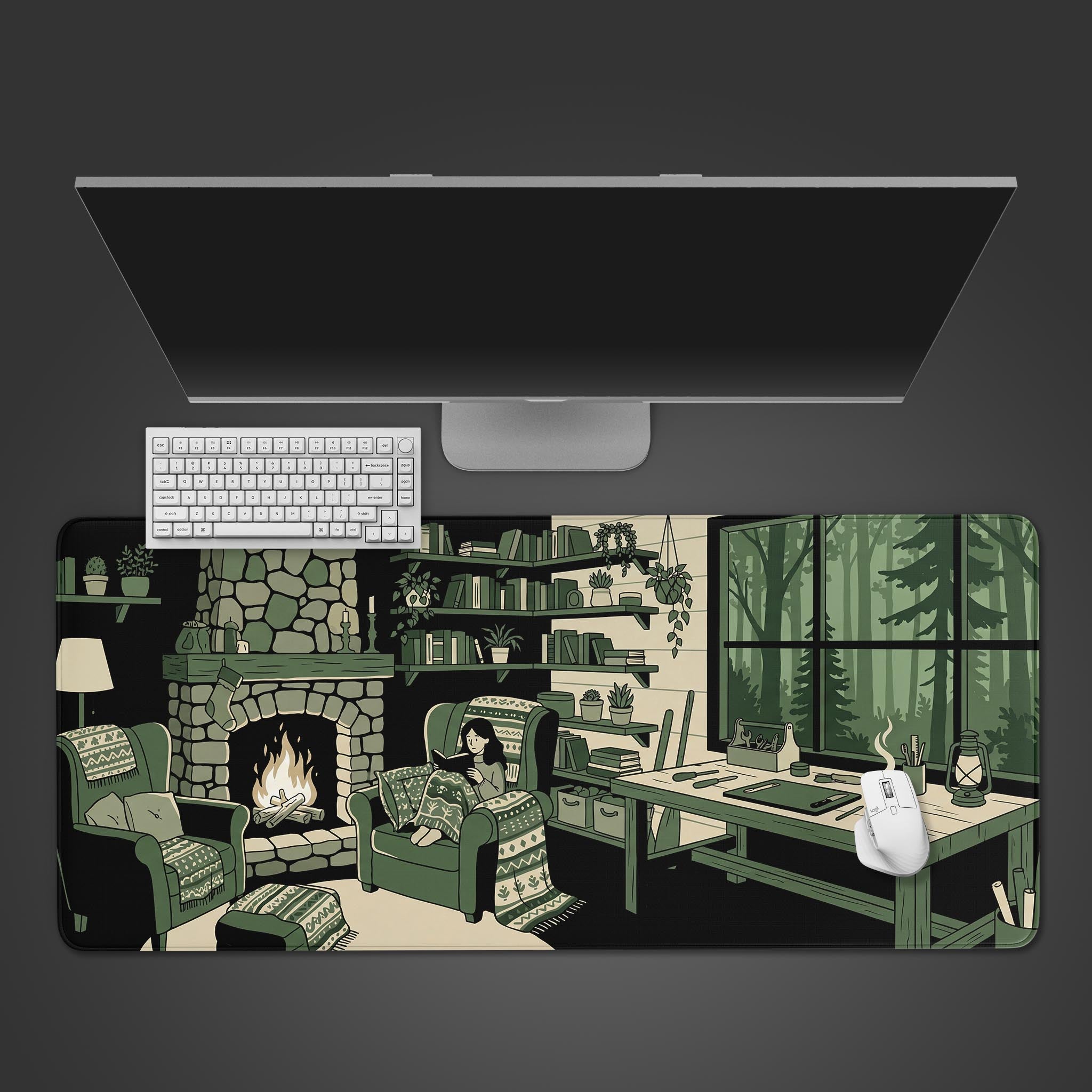 Cozy cabin retreat desk mat featuring a sage green line art illustration of a reading nook by a fireplace