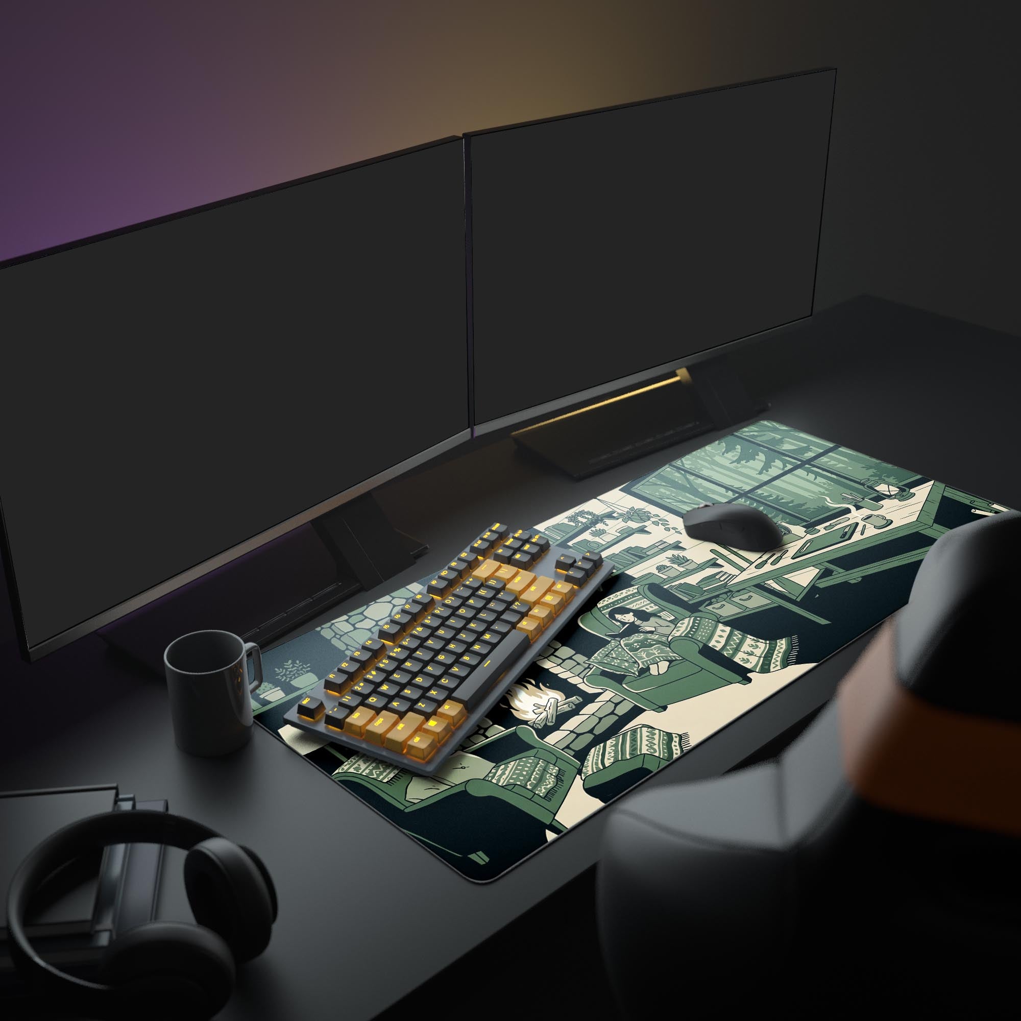 Close-up of the smooth surface on the cozy cabin mouse pad highlighting the detailed plant and bookshelf art