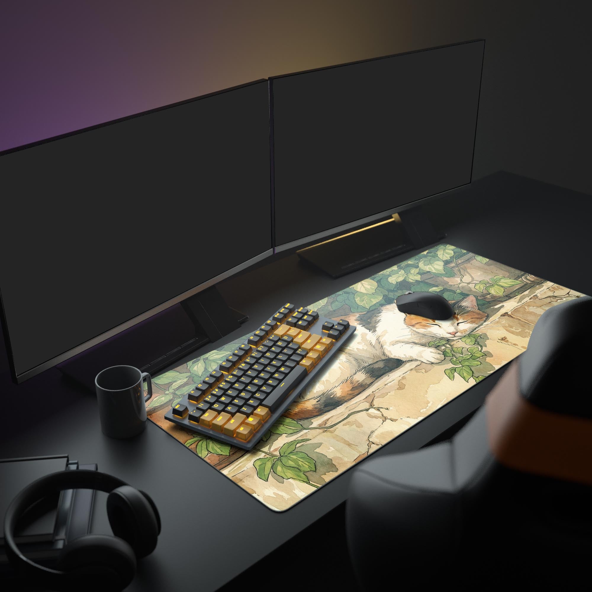 Large Cozy Calico cat desk mat shown in a full aesthetic desk setup with a monitor, plant, and other accessories. - Epic Design Pads & Mousepads