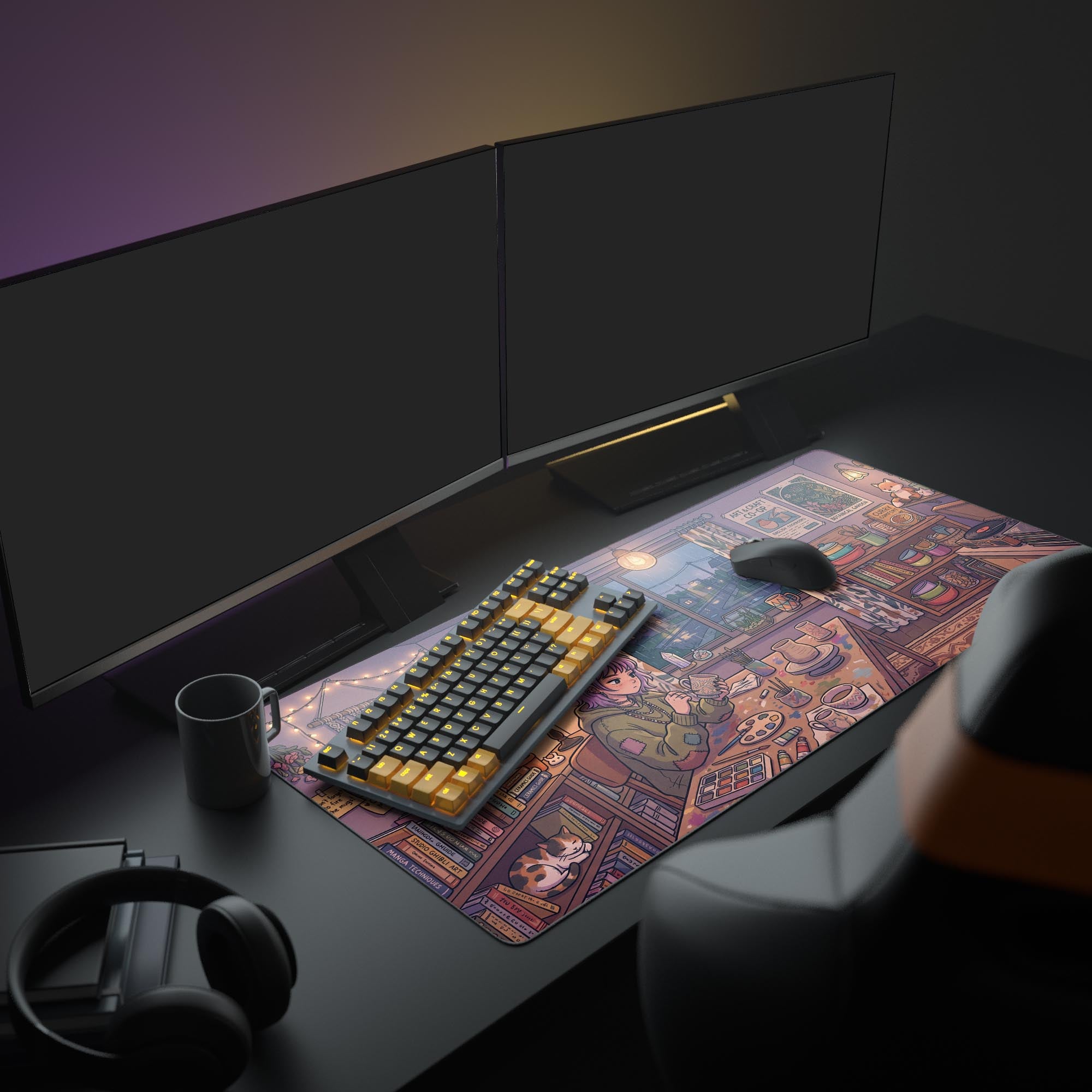 A full PC setup featuring the Cozy Craft Room anime mouse pad. The warm, illustrative design complements the glowing keyboard and multiple monitors, creating a cozy aesthetic. - Epic Design Pads & Mousepads