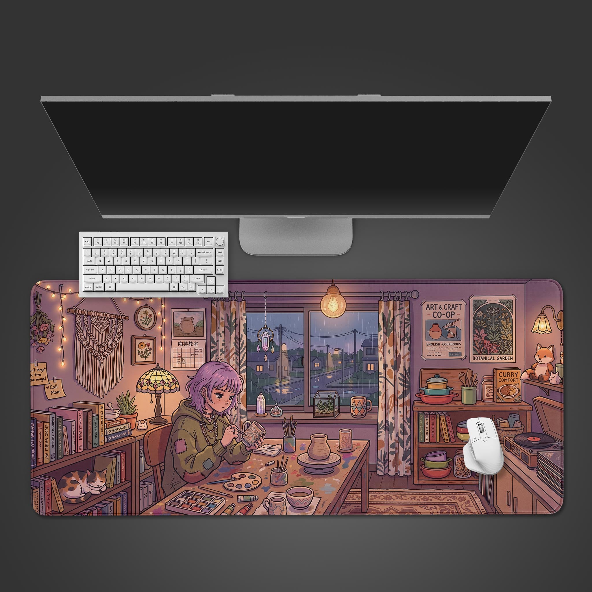 Top-down view of the Cozy Craft Room gaming desk mat, showing the anime girl painting pottery. A white keyboard and mouse are placed on the mat below a large monitor. - Epic Design Pads & Mousepads