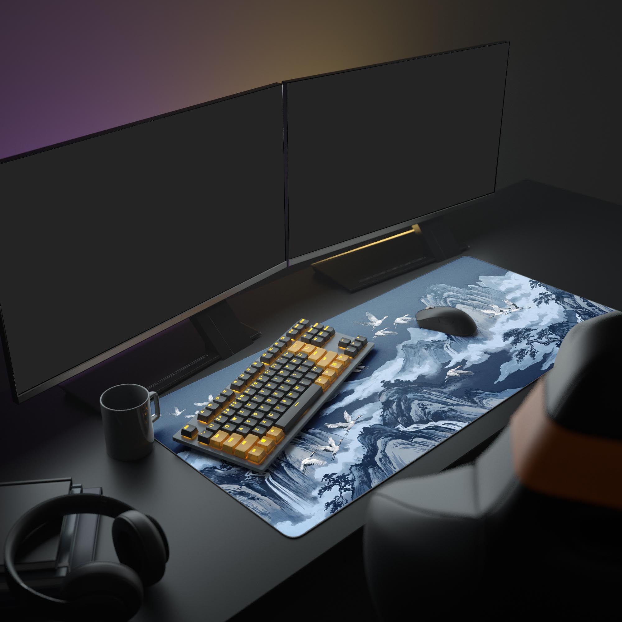 Close-up of the smooth, water-proof surface on the serene mountain crane mouse pad.