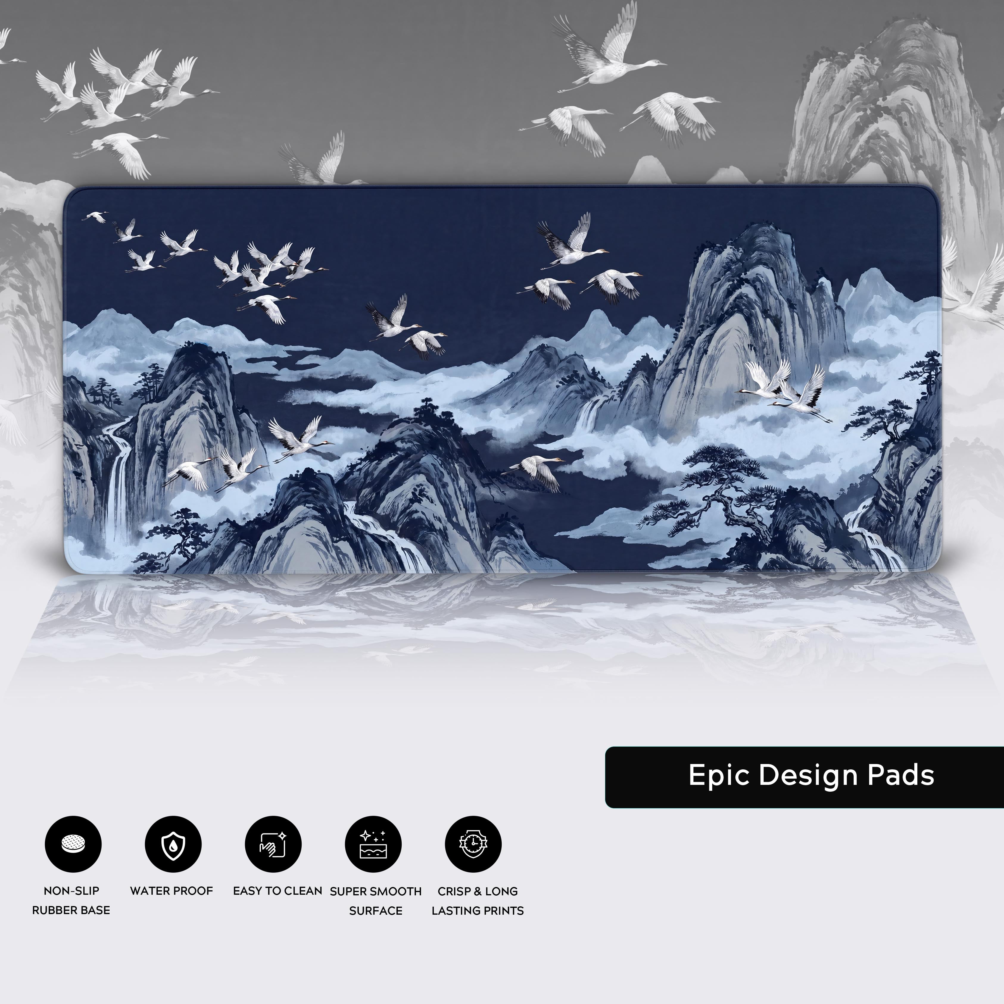 Detail of the non-slip rubber base and edge-to-edge crisp print of the soaring cranes desk pad.