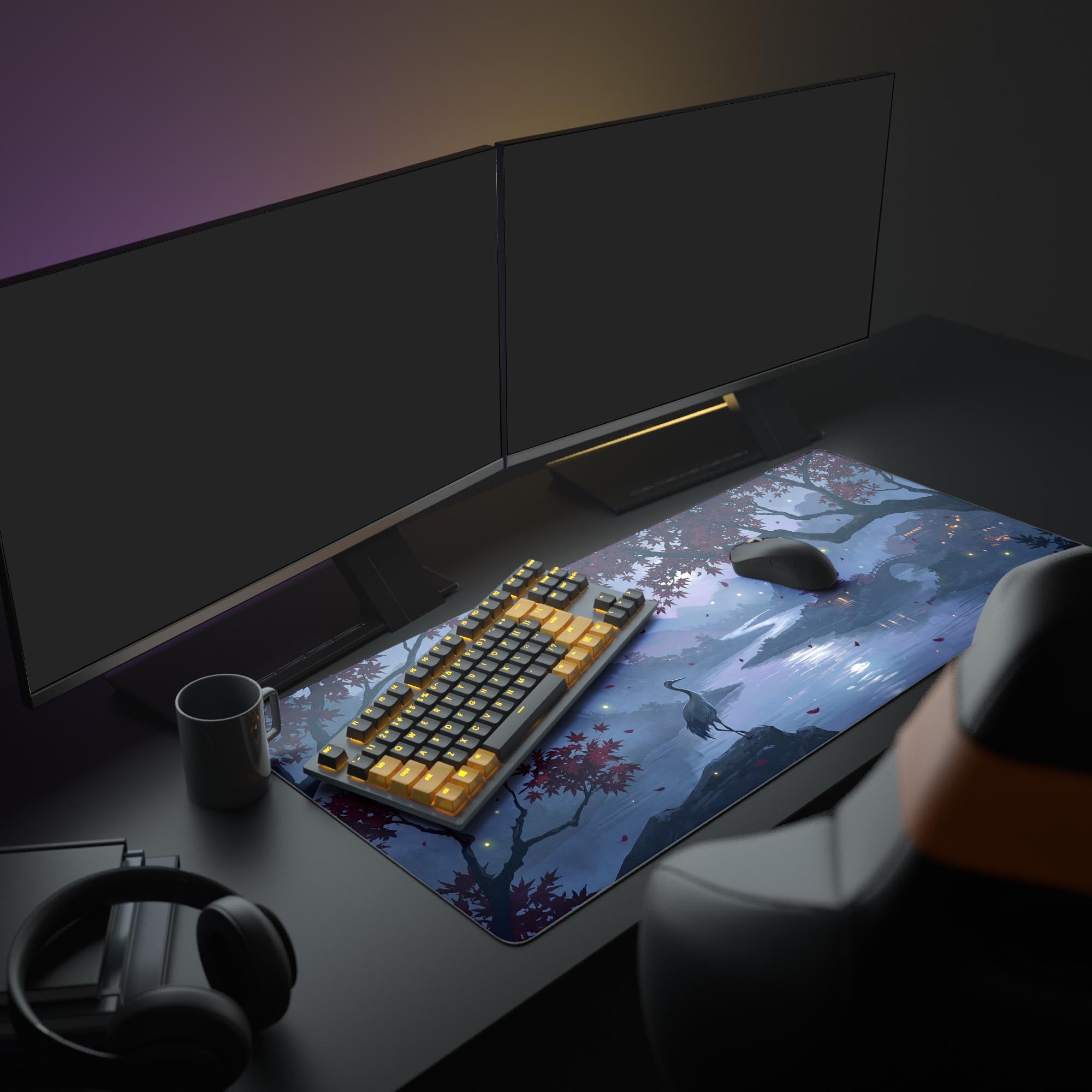 Close-up of crimson leaves and ancient pagodas on a smooth gaming mouse pad
