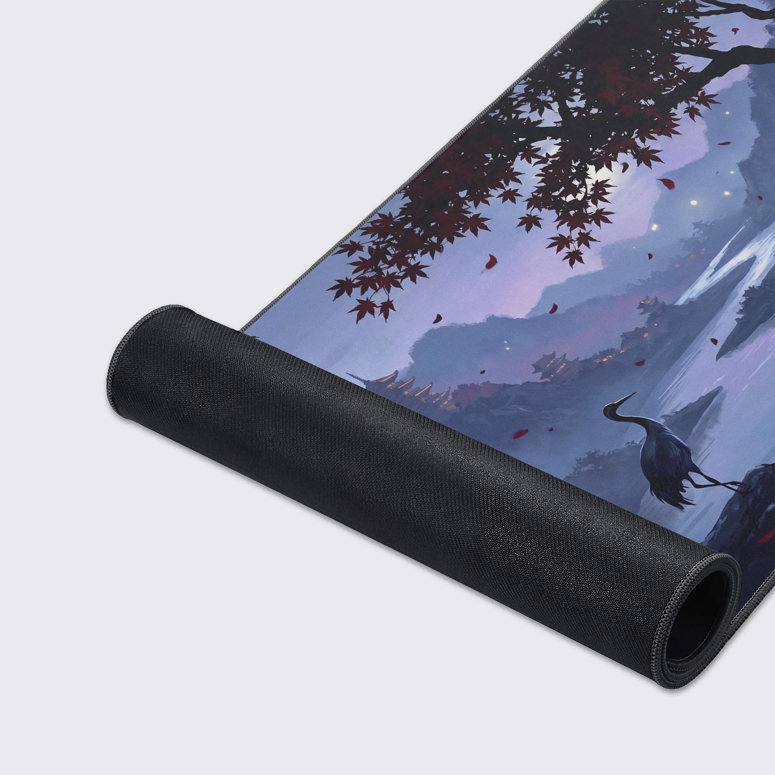 Waterproof and easy to clean desk mat displaying a tranquil misty mountain scene