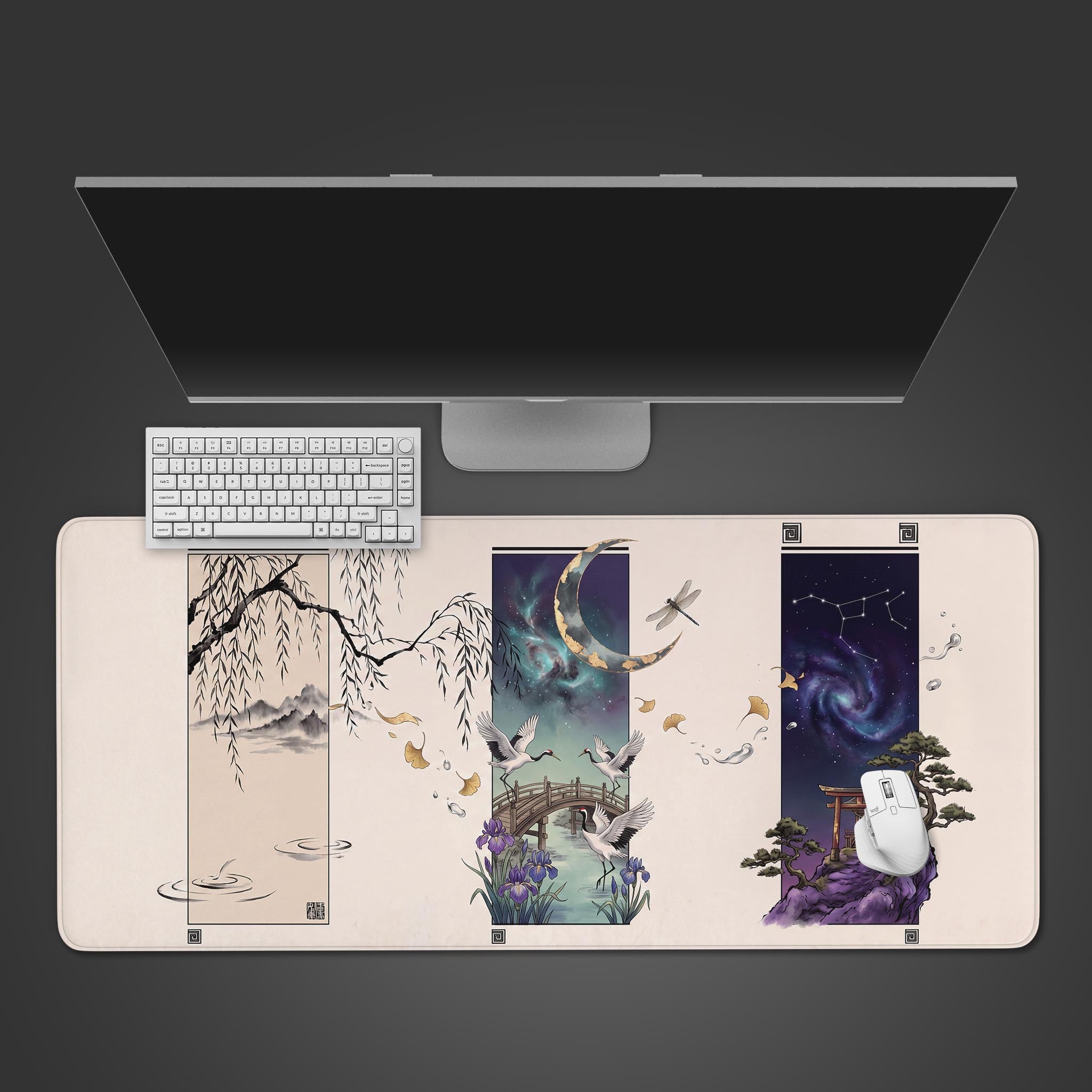 Celestial Crane Triptych desk mat featuring a torii gate, moon, and ink wash landscape