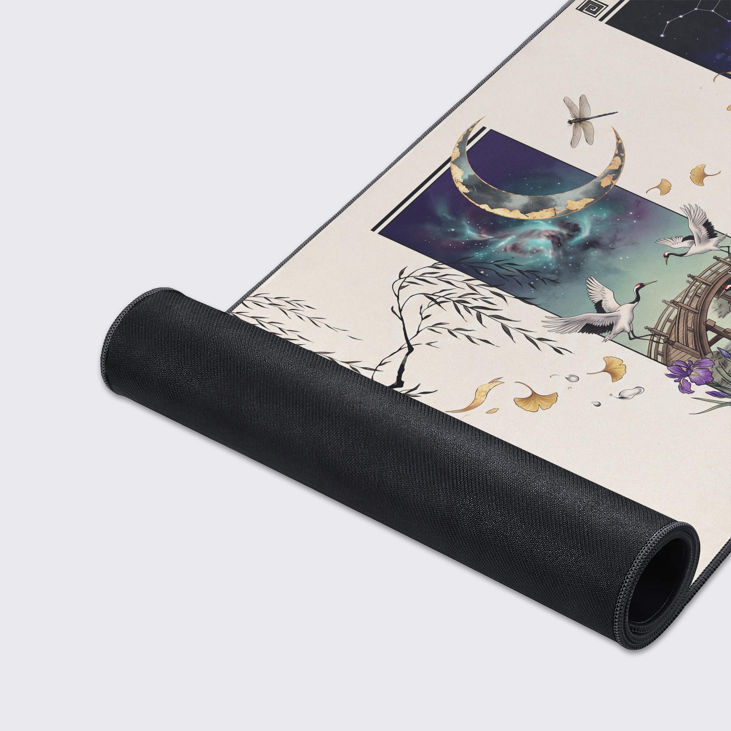 Full view of the Japanese traditional extended gaming mouse pad on a sleek desk setup