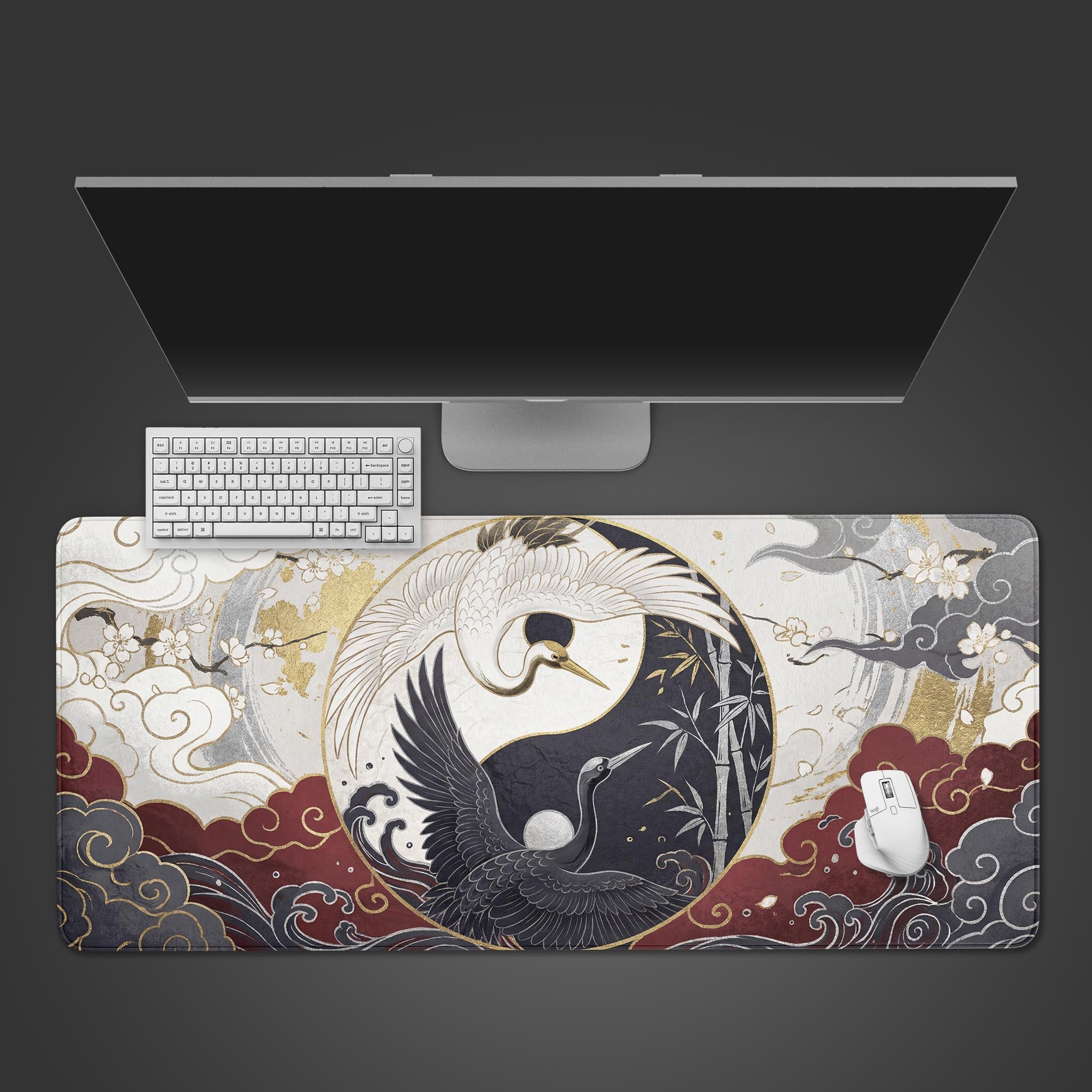 Crane's Harmony Japanese desk mat with a Yin Yang crane design. Top-down view on a desk with a white keyboard and mouse, showing the intricate artwork. - Epic Design Pads & Mousepads