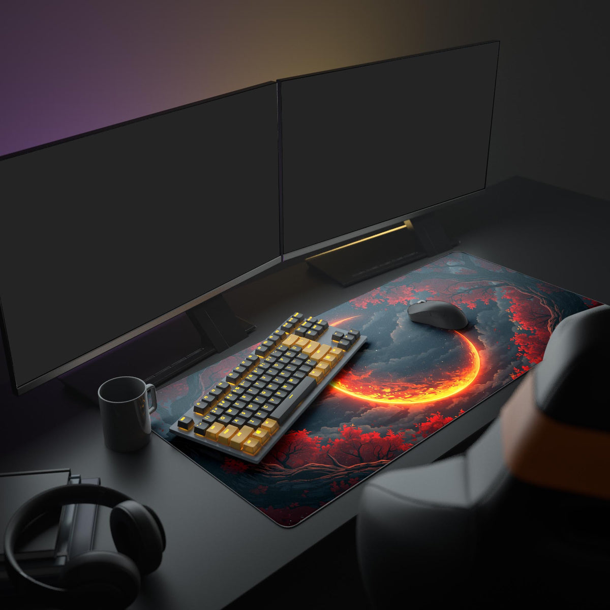 Fiery crescent moon desk mat on a dark desk by two monitors, with a black and yellow keyboard, mouse, mug and headphones - Epic Design Pads & Mousepads