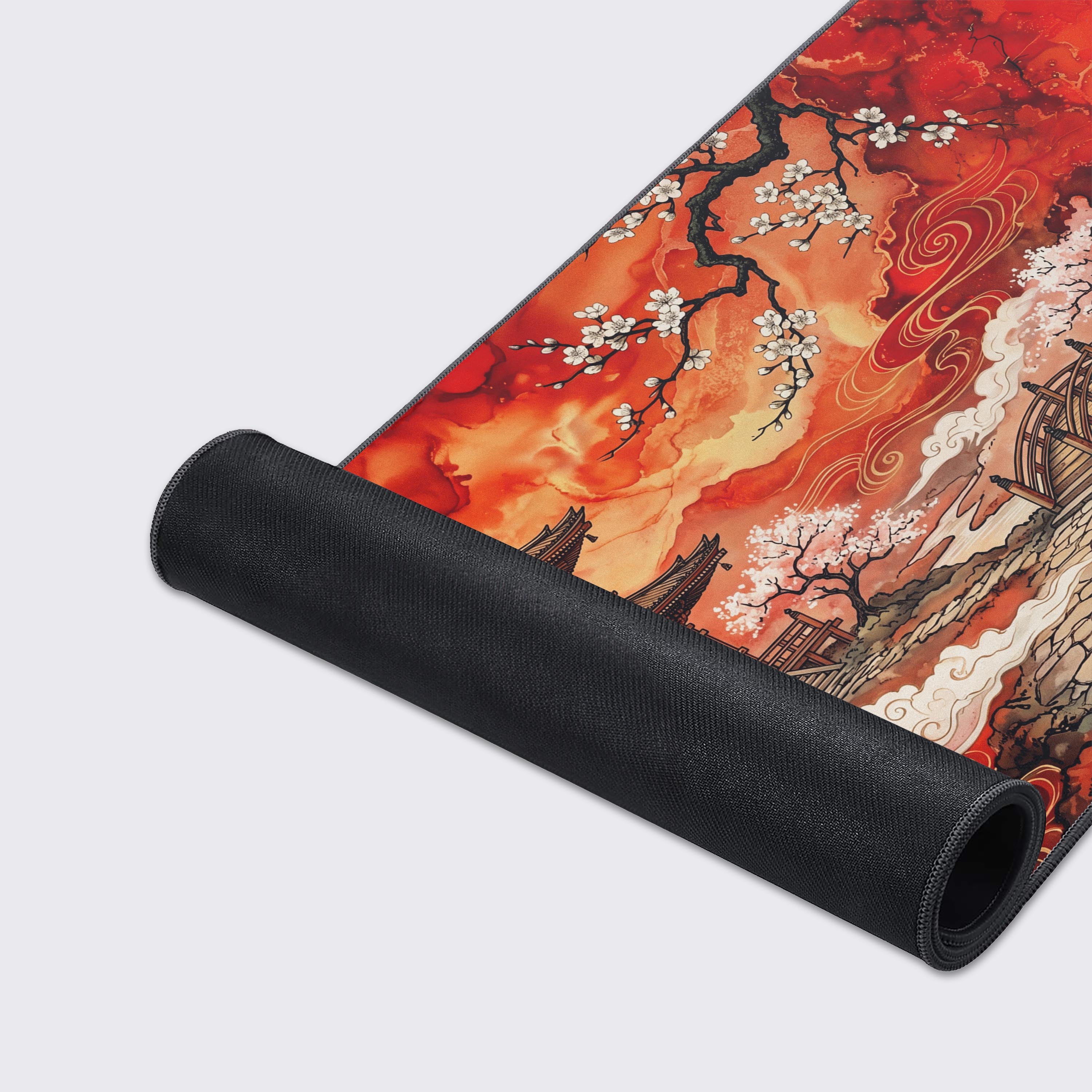 Detail view of the arched stone bridge and traditional wooden pagoda on the red gaming mouse pad.