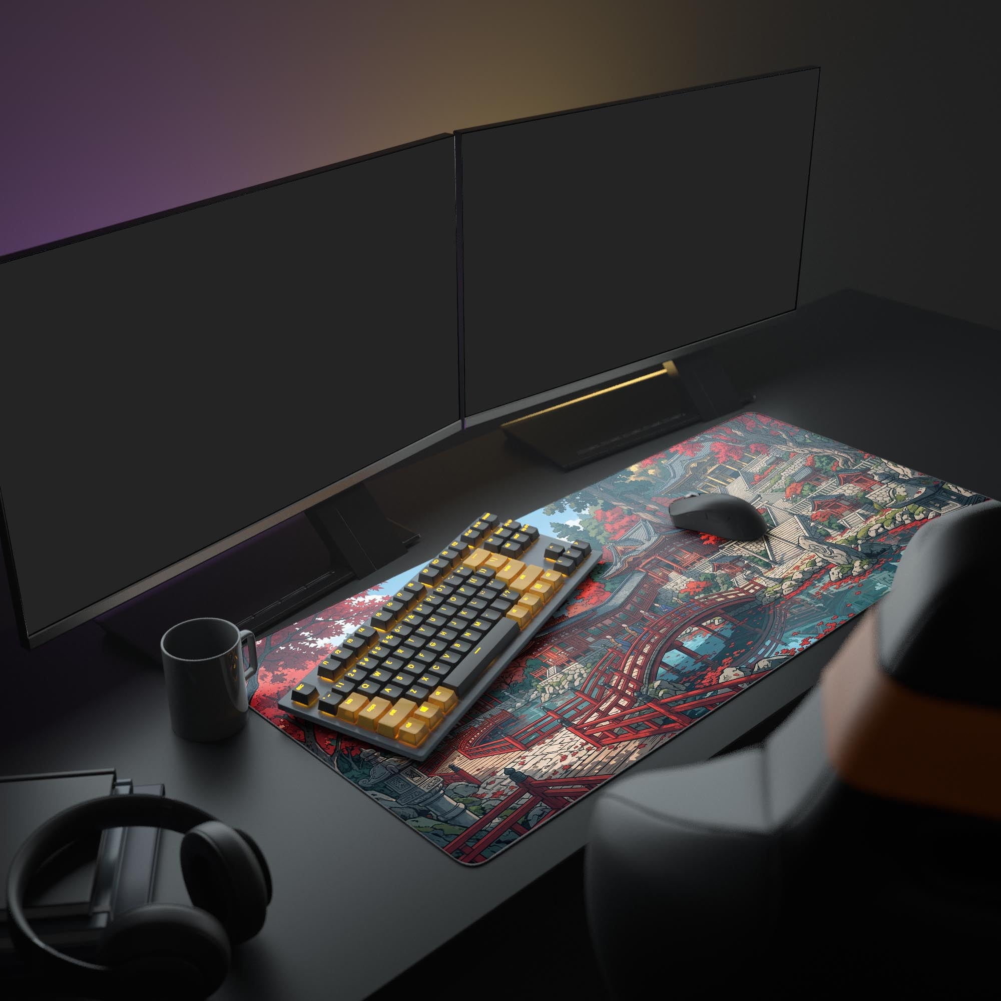 A full gaming setup featuring the Crimson Pagoda mouse pad, which displays a red Japanese pagoda under a large monitor, creating a stunning anime-inspired aesthetic. - Epic Design Pads & Mousepads