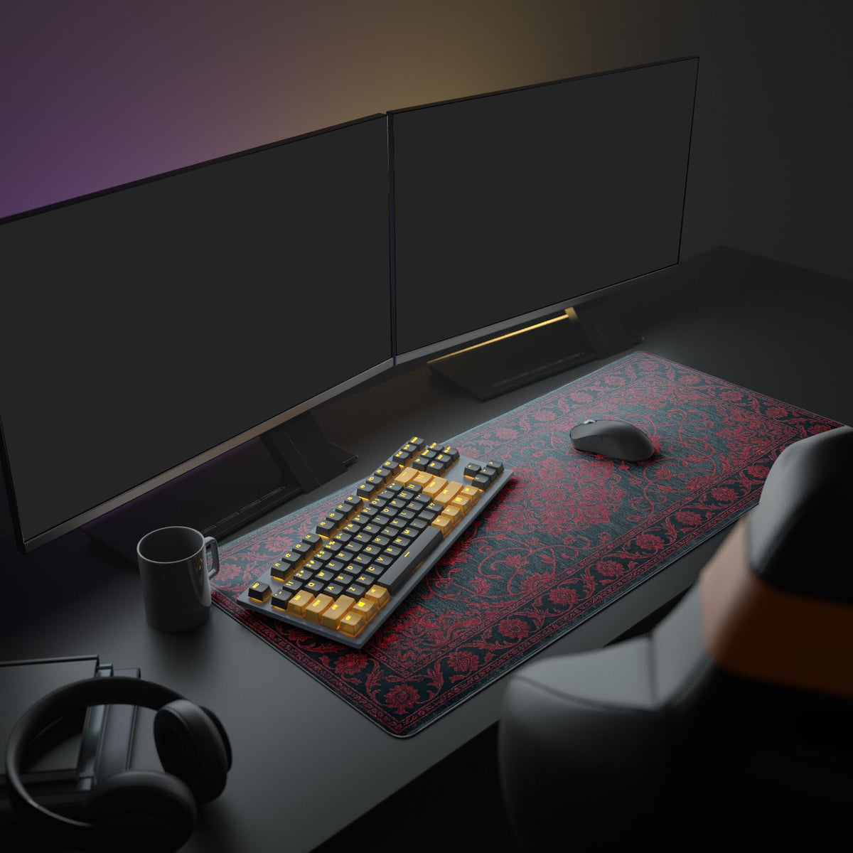 Large Crimson Persian rug desk mat featured in a cozy office setup with dual monitors, a mechanical keyboard, headphones, and a warm lamp. - Epic Design Pads & Mousepads