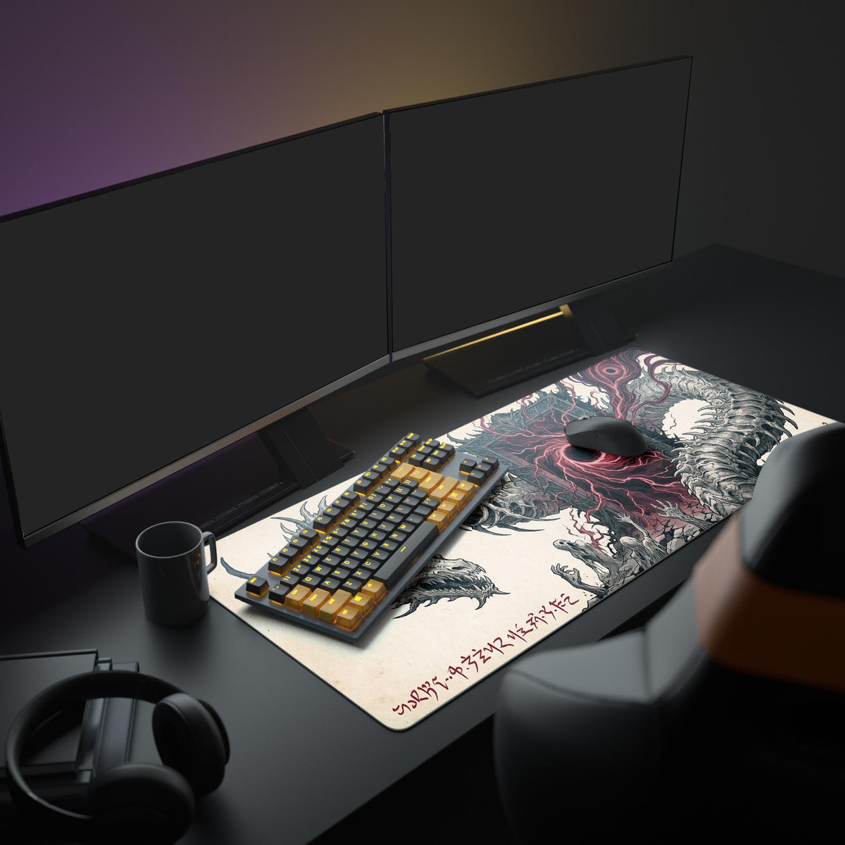 A gaming PC setup featuring the Crimson Portal mouse pad. The dark fantasy dragon art complements the glowing keyboard and monitor, creating a cohesive, gothic aesthetic. - Epic Design Pads & Mousepads
