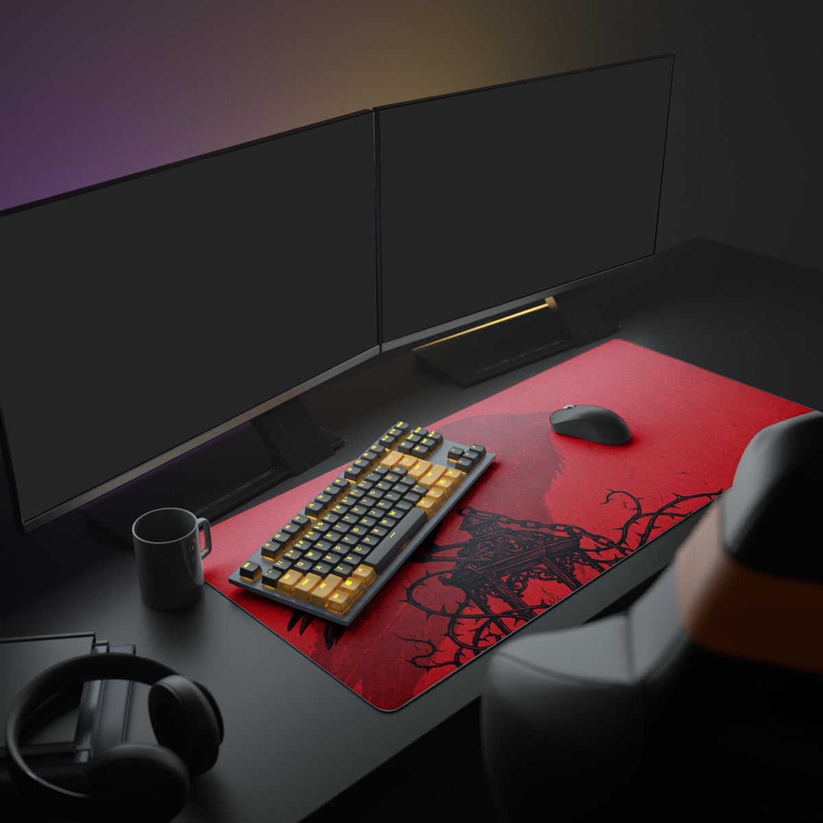 A full gaming PC setup featuring the large Crimson Raven mouse pad, which anchors a gaming keyboard and mouse under a monitor, creating a dark fantasy aesthetic. - Epic Design Pads & Mousepads