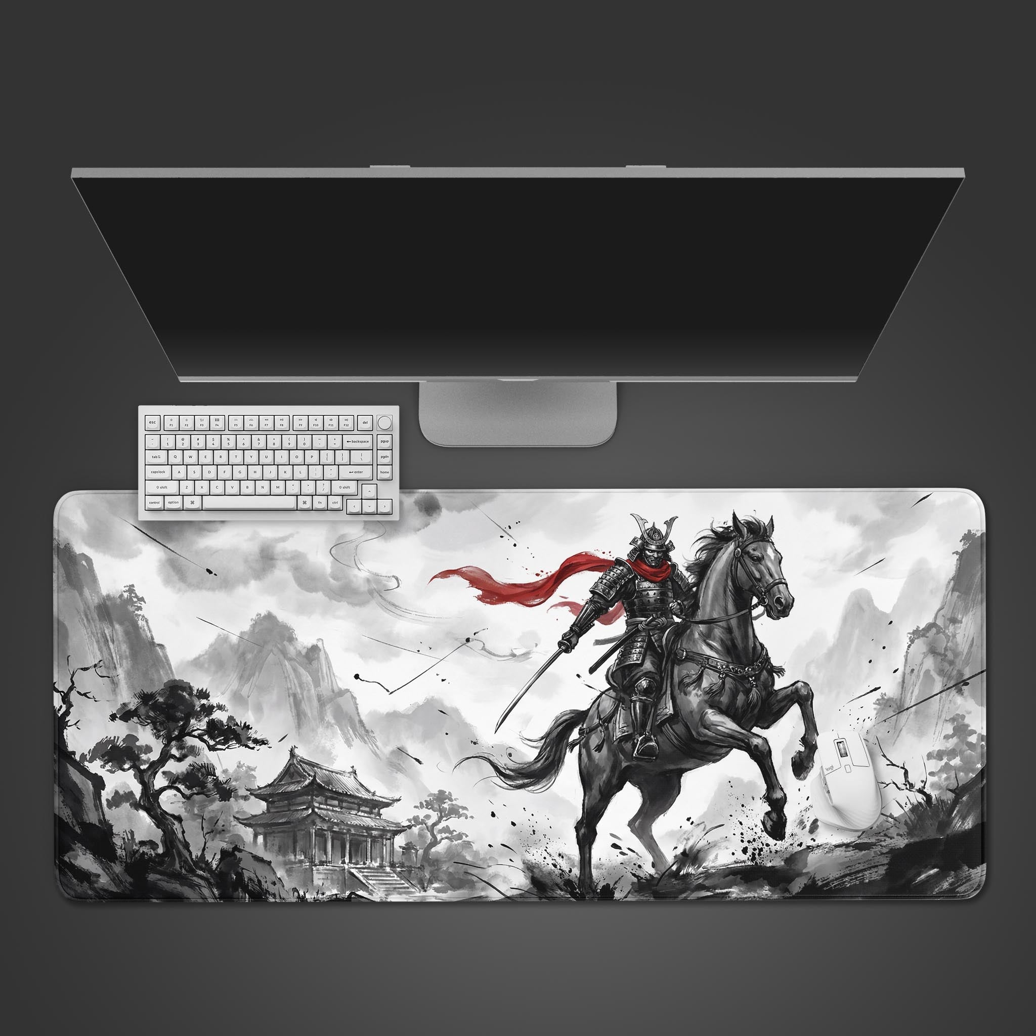 The Crimson Rider gaming desk mat displayed from a top-down view, featuring a Japanese ink wash samurai on horseback, with a white keyboard and mouse. - Epic Design Pads & Mousepads