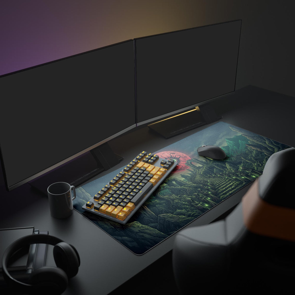 A complete gaming setup showcasing the Crimson Ritual mouse pad, with its dark fantasy art creating a moody aesthetic alongside glowing monitors and peripherals. - Epic Design Pads & Mousepads