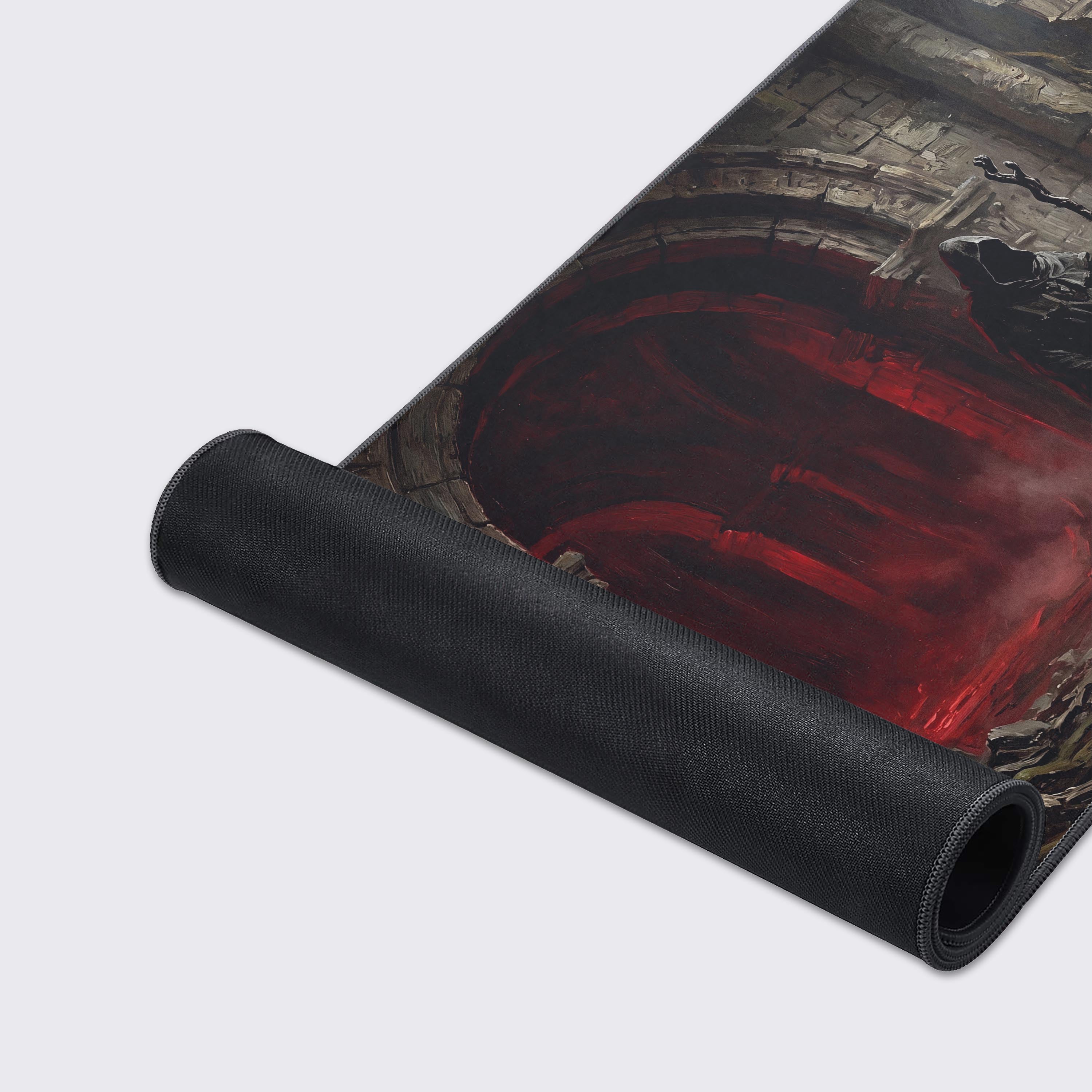 Features of the Crimson Sanctum mouse pad including non-slip rubber base, waterproof surface, and crisp lasting prints