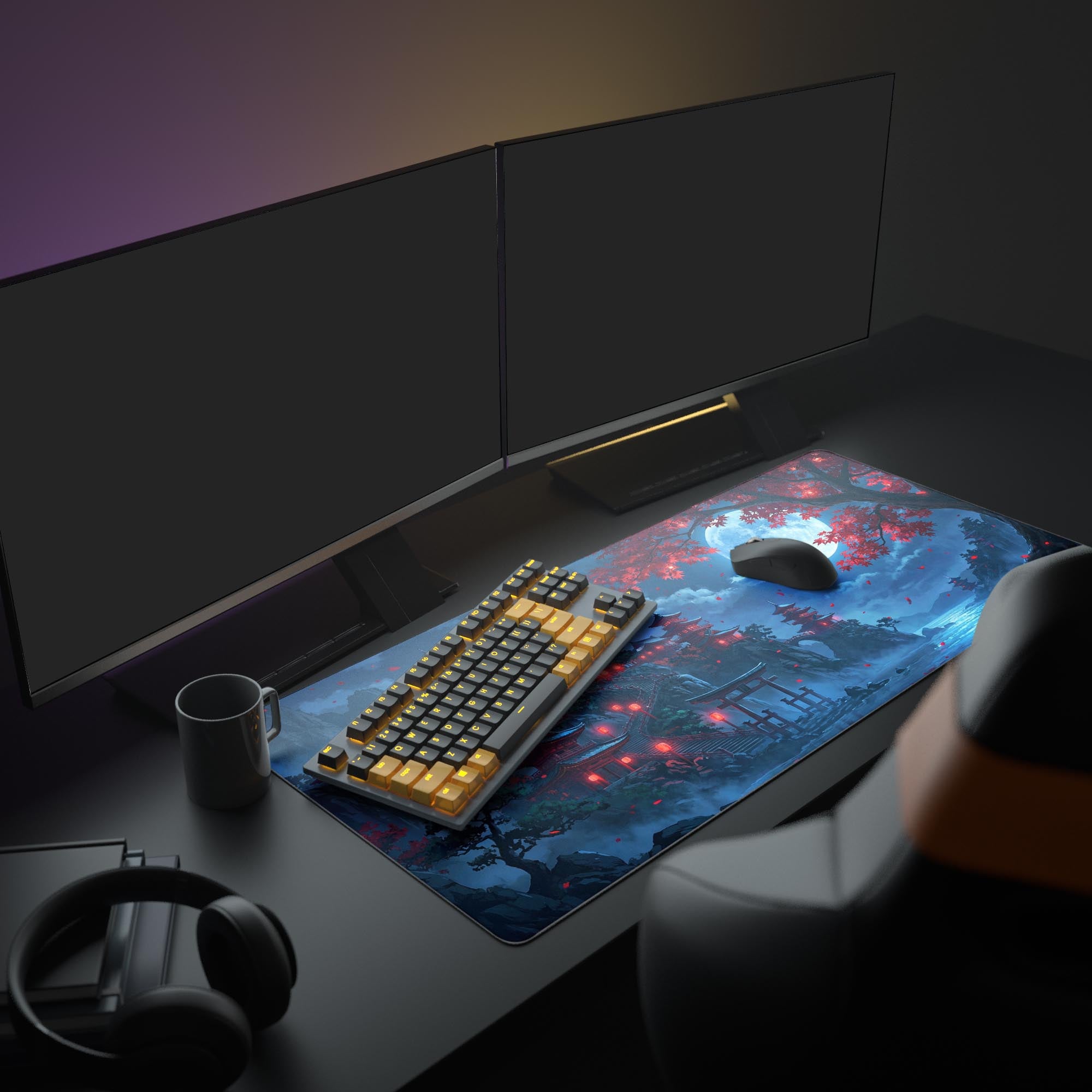 A full gaming setup featuring the Crimson Shrine Gaming Desk Mat. The vibrant Japanese art design complements the glowing keyboard, mouse, and dual monitors, creating an immersive aesthetic. - Epic Design Pads & Mousepads