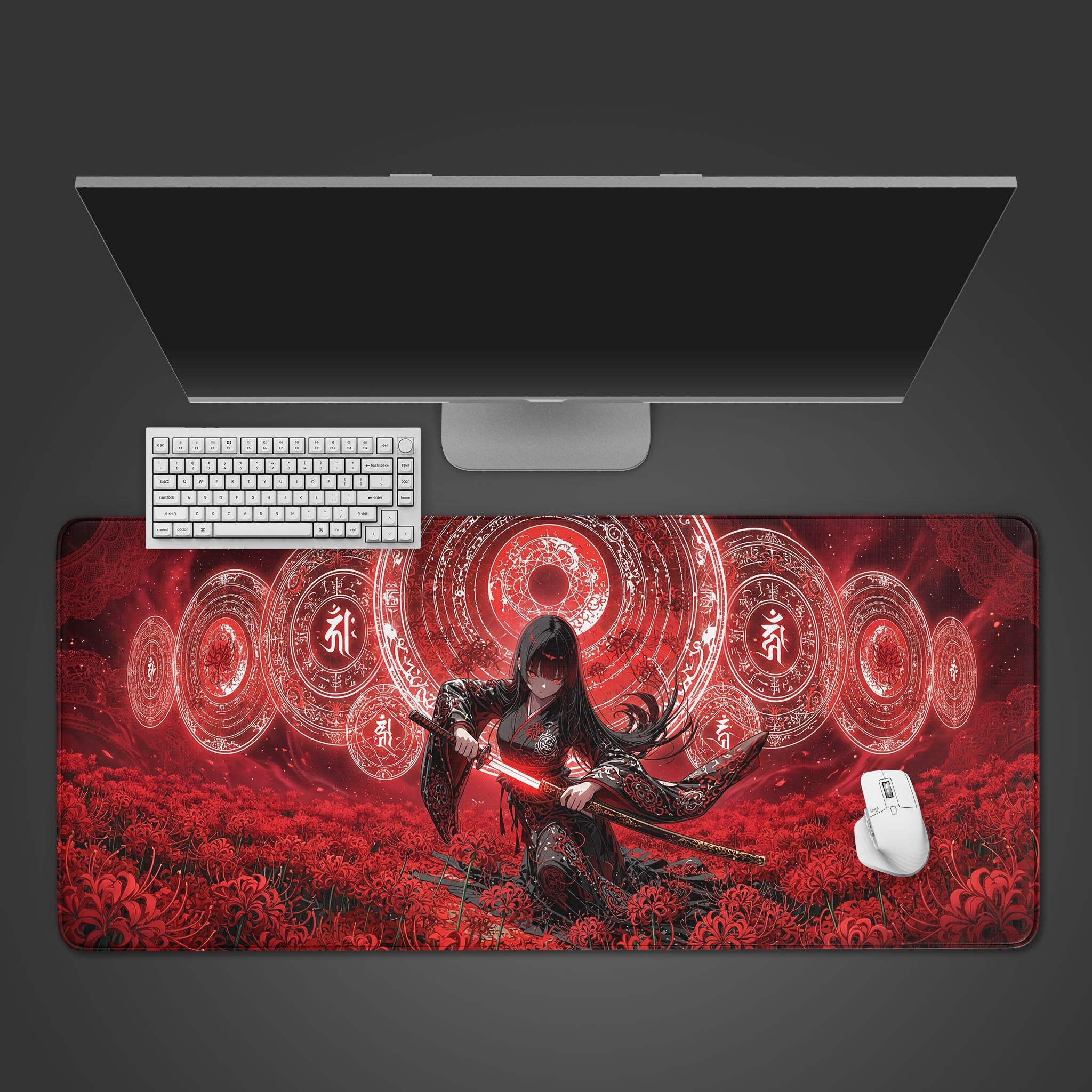 The Crimson Spell gaming desk mat seen from above, featuring a dark fantasy anime swordswoman design, with a white keyboard and mouse placed on it. - Epic Design Pads & Mousepads