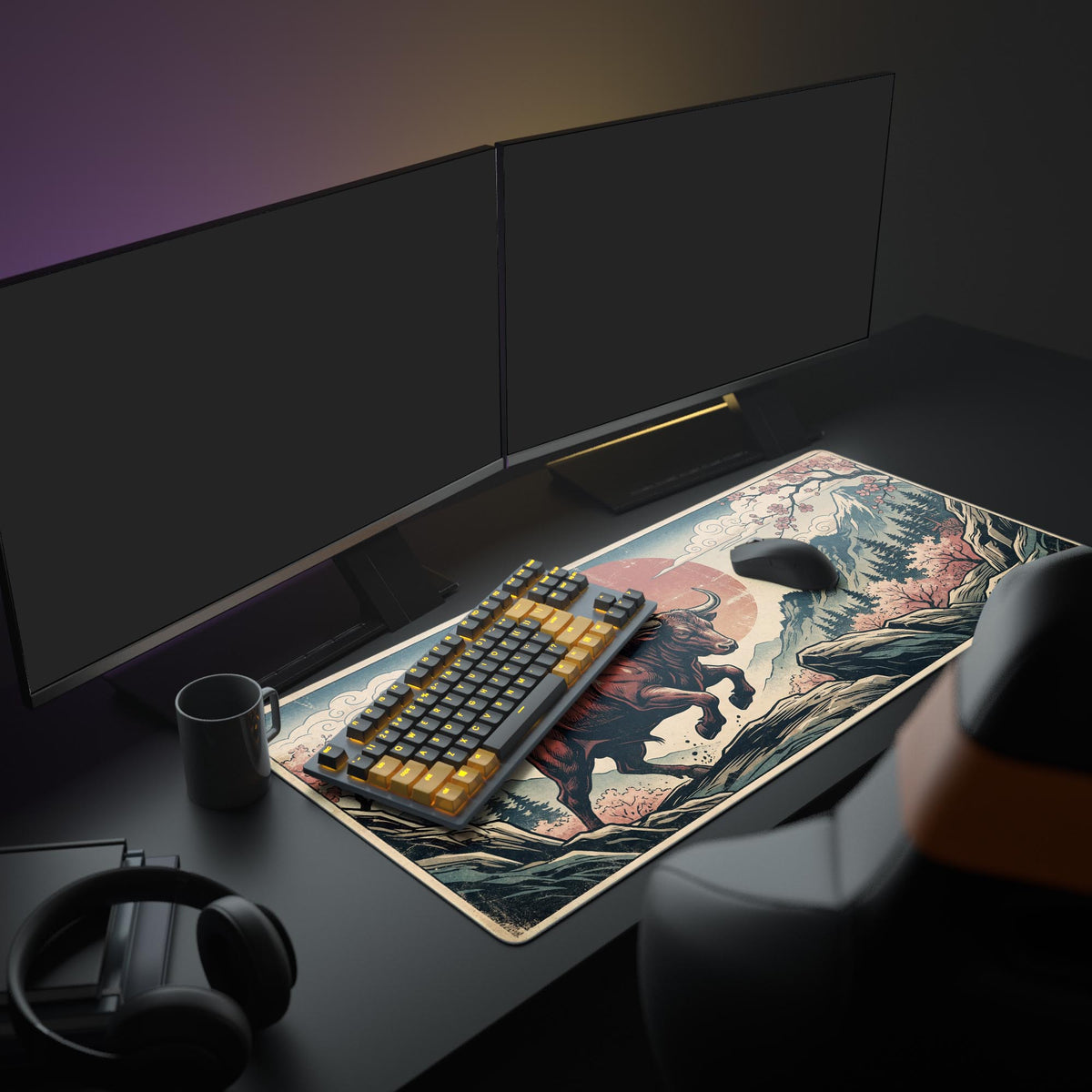 A full PC setup featuring the Crimson Taurus XL mouse pad, with a monitor and gaming peripherals, creating a powerful, Japanese-inspired aesthetic. - Epic Design Pads & Mousepads